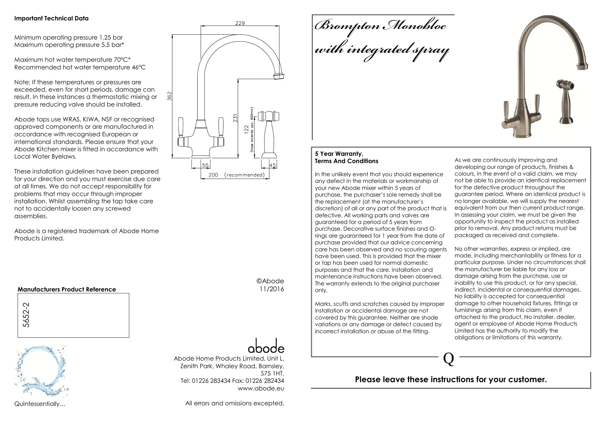 Abode Brompton Monobloc 5652-2 Quick Start Manual Manual pdf 1 page image