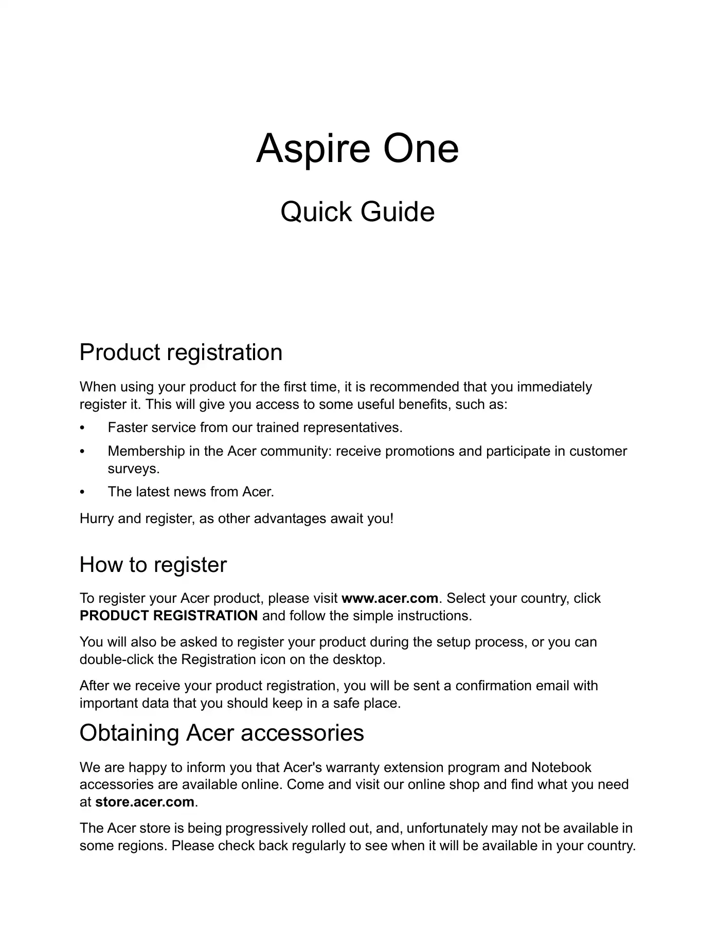 Acer Aspire One Quick Manual Manual pdf 1 page image
