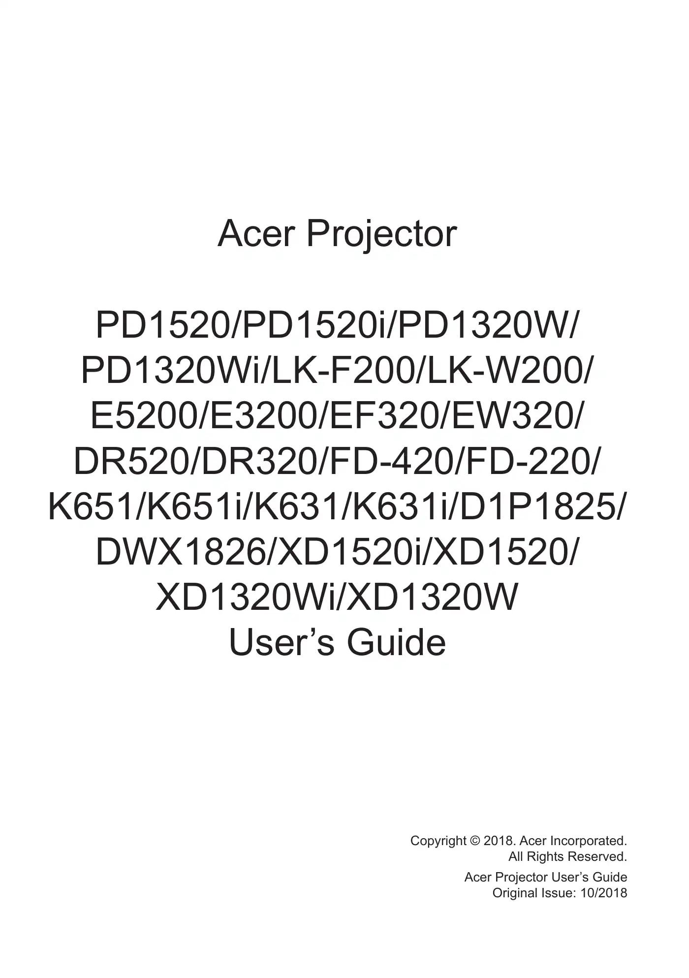 Acer XD1520i User Manual Manual pdf 1 page image
