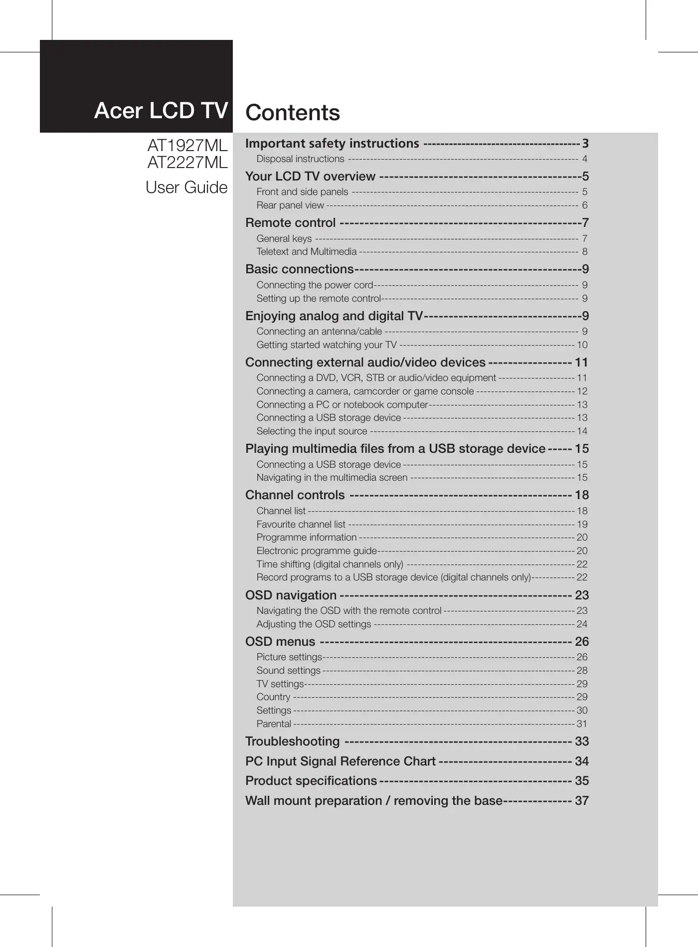 Acer AT1927ML User Manual Manual pdf 1 page image