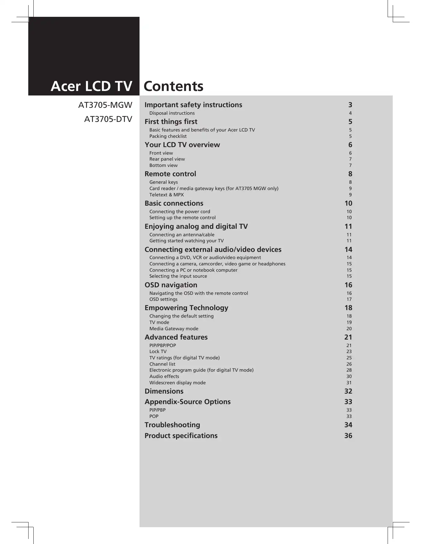 Acer AT3705-MGW User Manual Manual pdf 1 page image