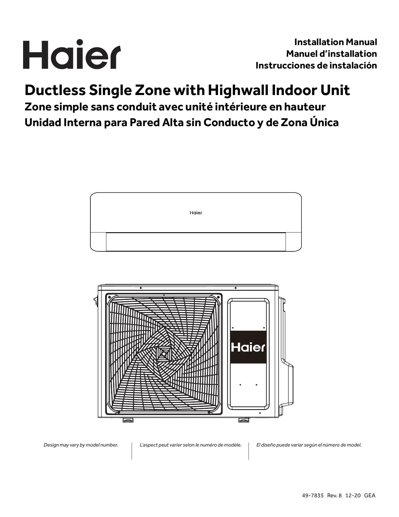Haier 1U09EH2VHA Installation Manual Manual pdf 1 page image