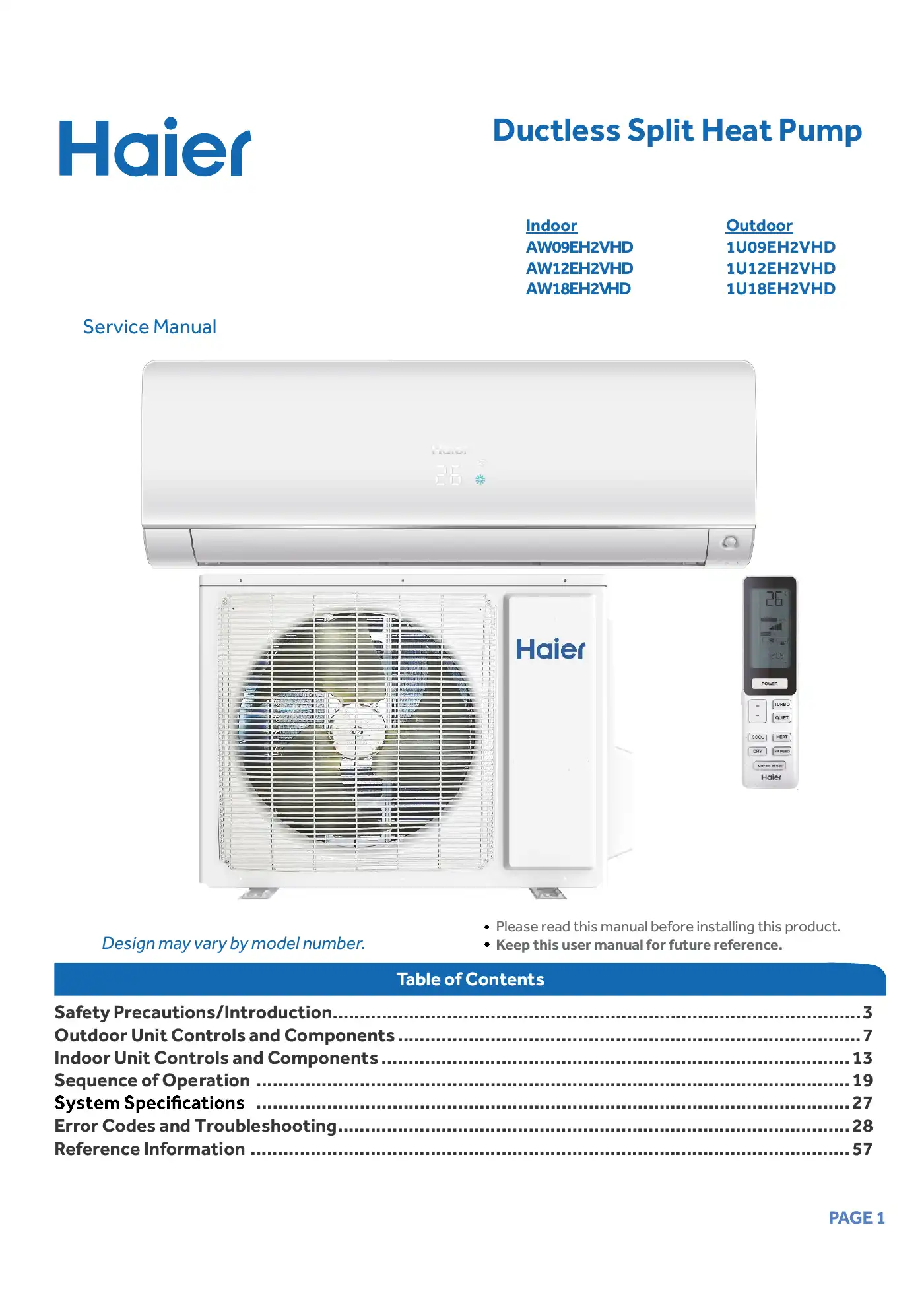 Haier AW09EH2VHD Service Manual Manual pdf 1 page image