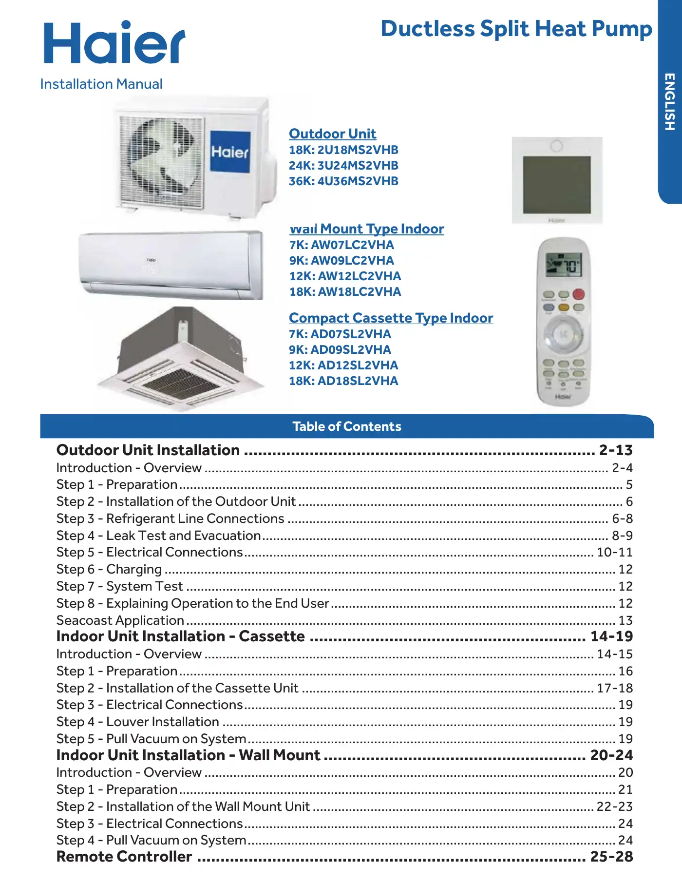 Haier 2U18MS2VHB Installation Manual Manual pdf 1 page image
