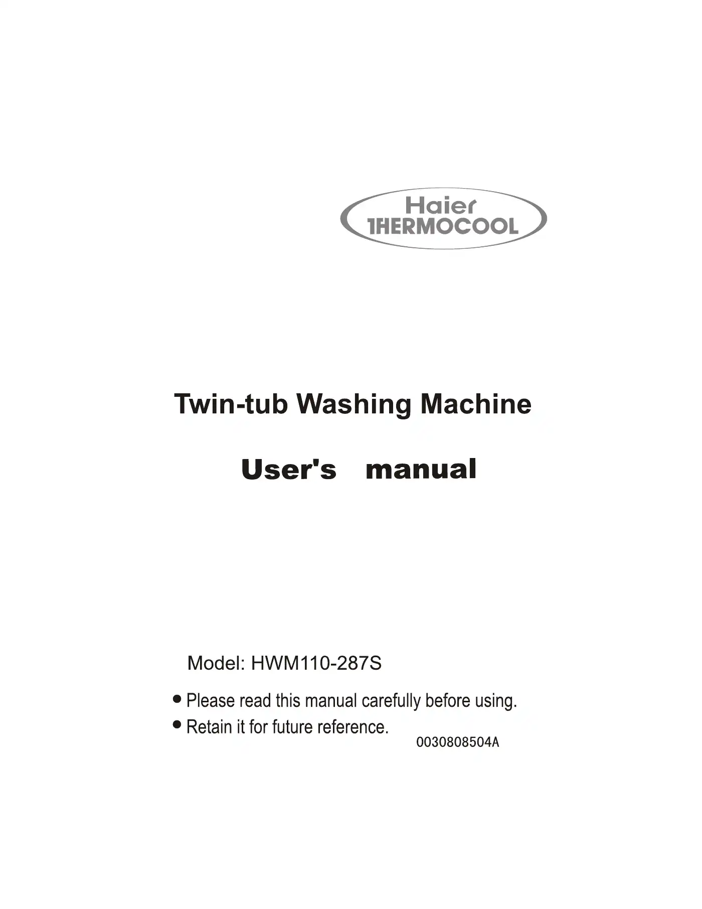 Haier Thermocool HWM110-287S User Manual Manual pdf 1 page image