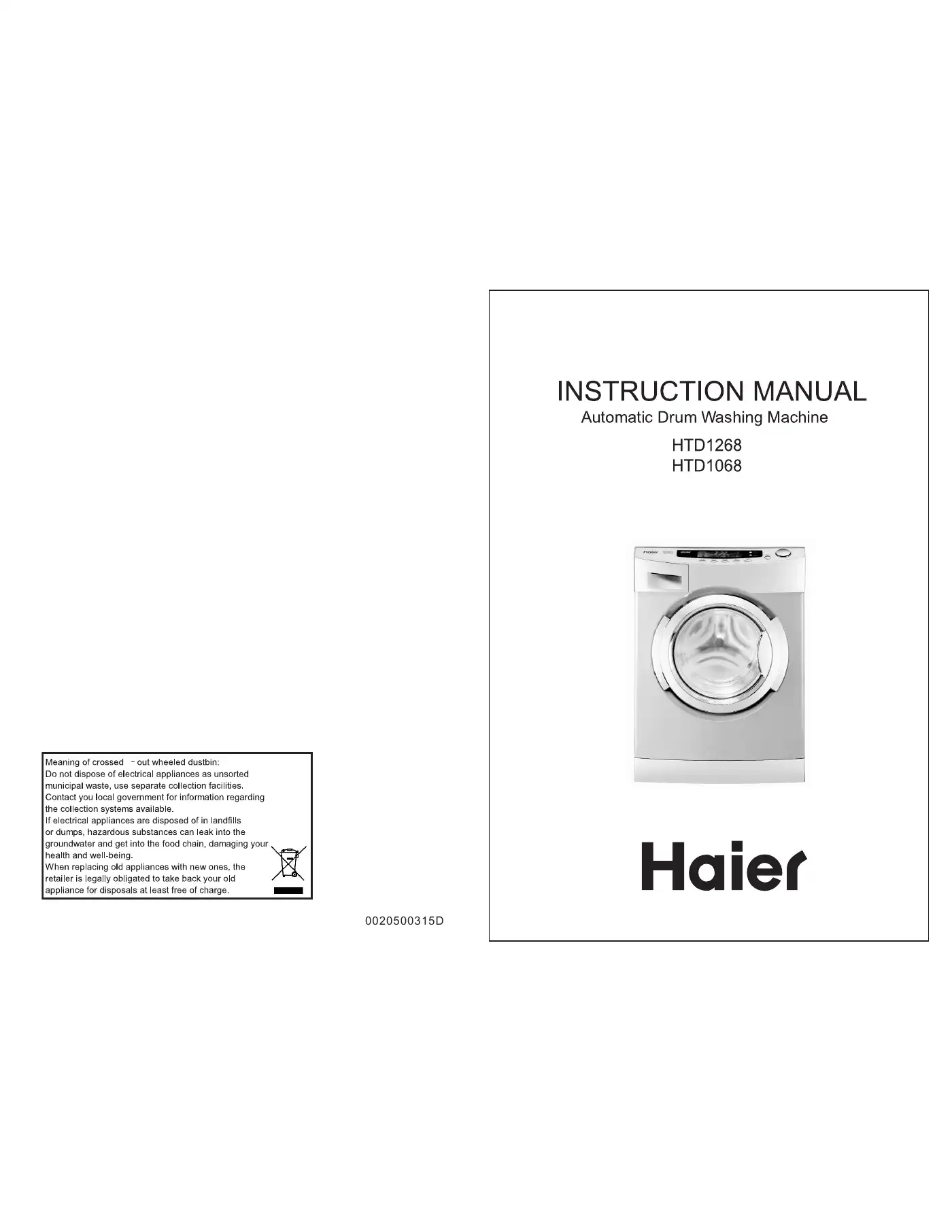 Haier HTD1268 Instruction Manual Manual pdf 1 page image
