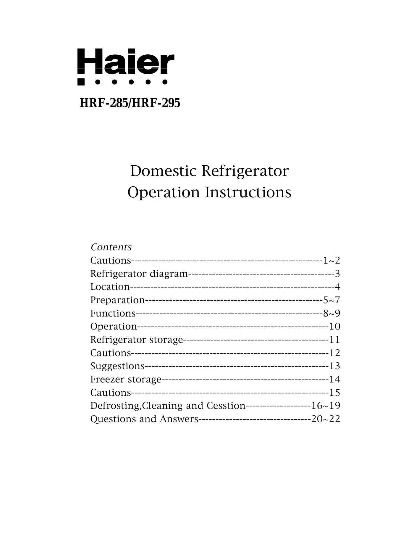 Haier 02-200694 Operation Instructions Manual Manual pdf 1 page image