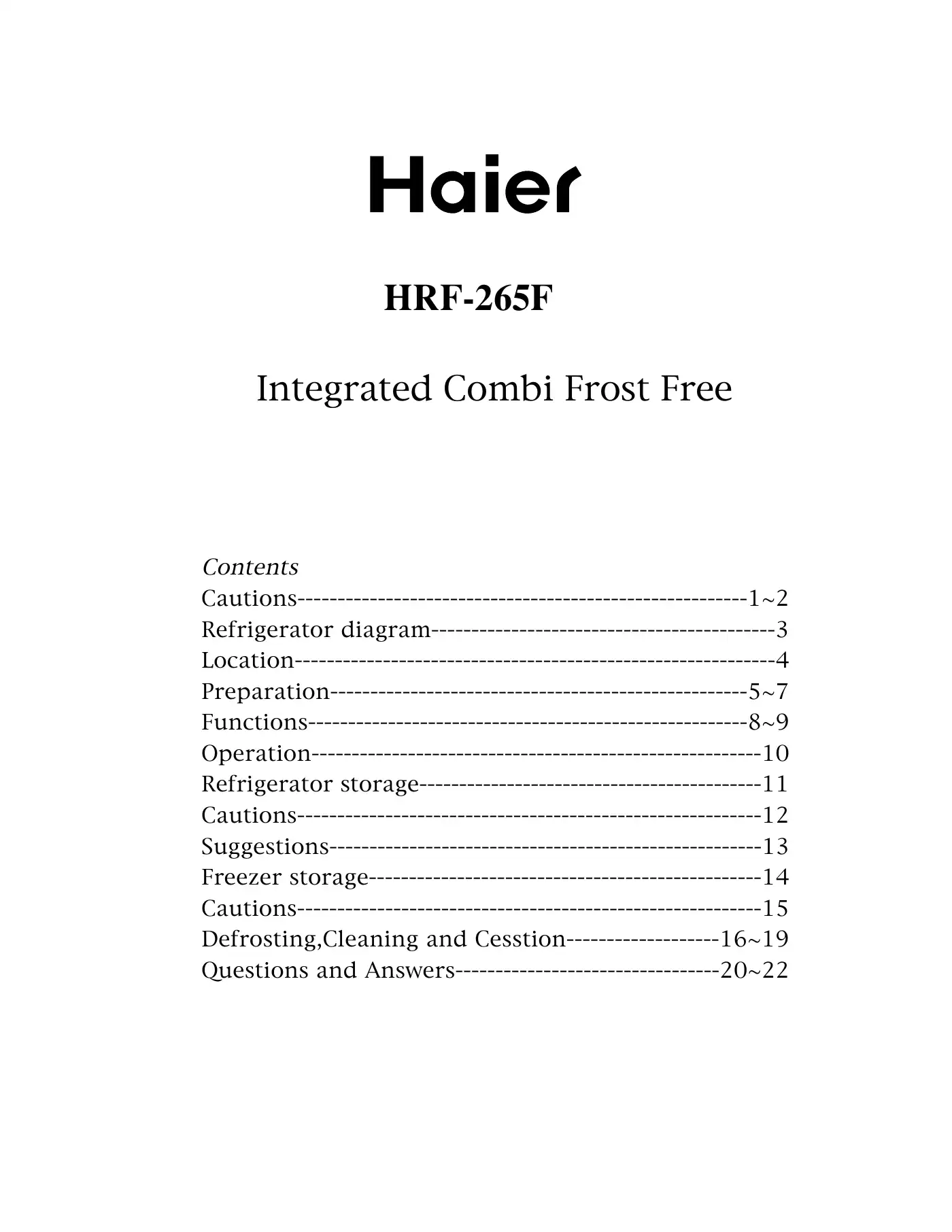 Haier HRF-265F User Manual Manual pdf 1 page image