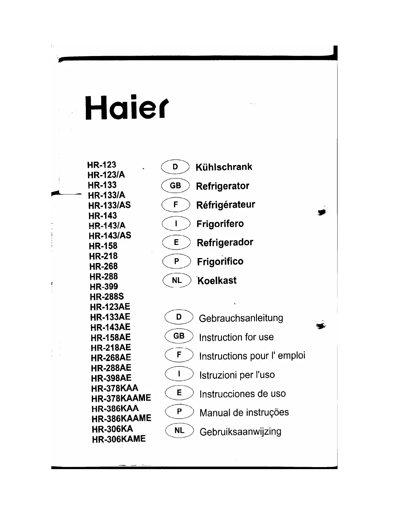 Haier HR-123 User Manual Manual pdf 1 page image