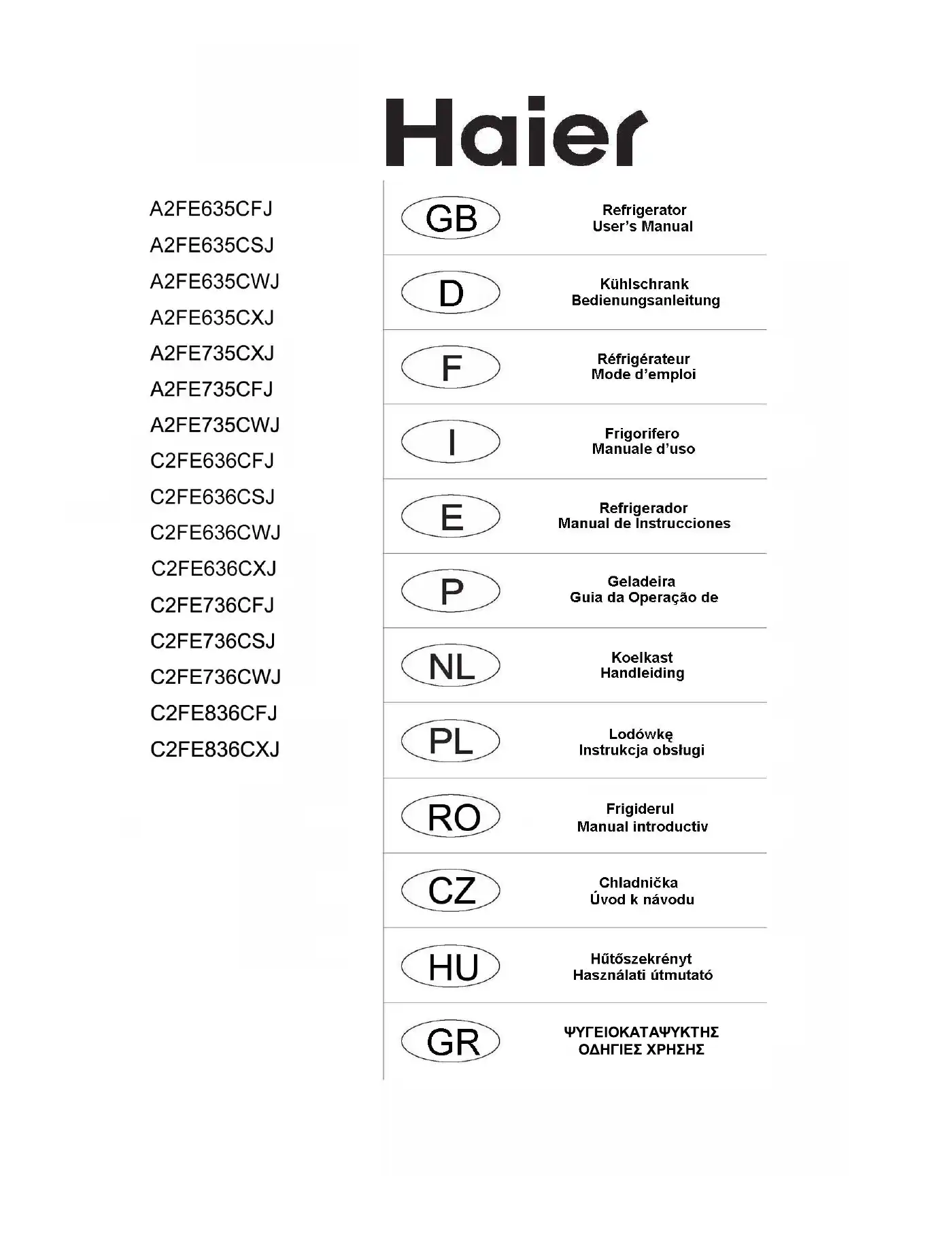 Haier A2FE635CFJ User Manual Manual pdf 1 page image