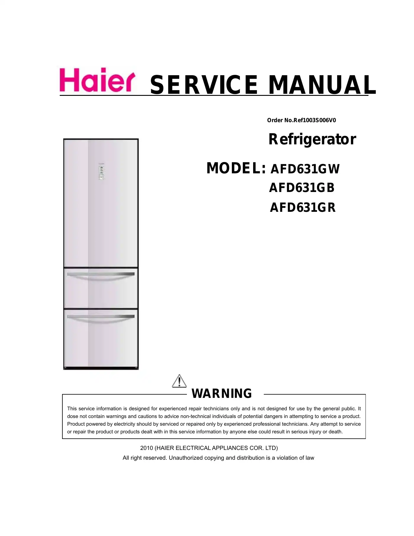 Haier AFD631GW Service Manual Manual pdf 1 page image