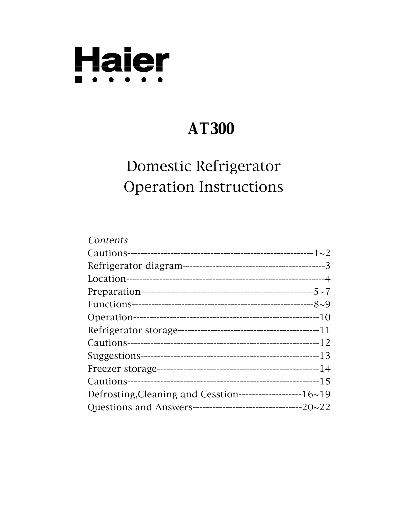 Haier AT300 Operation Instructions Manual Manual pdf 1 page image