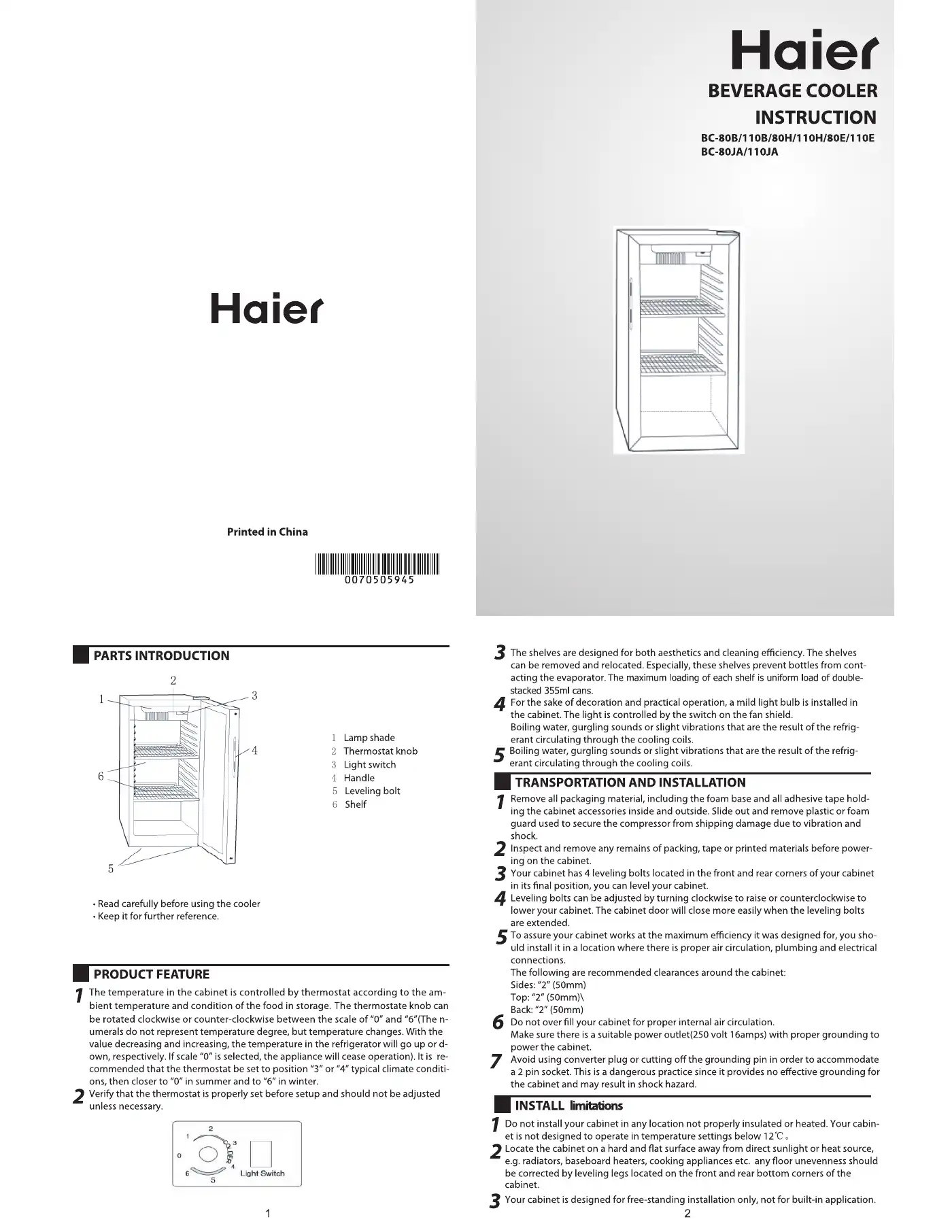 Haier BC-80B Instruction Manual Manual pdf 1 page image