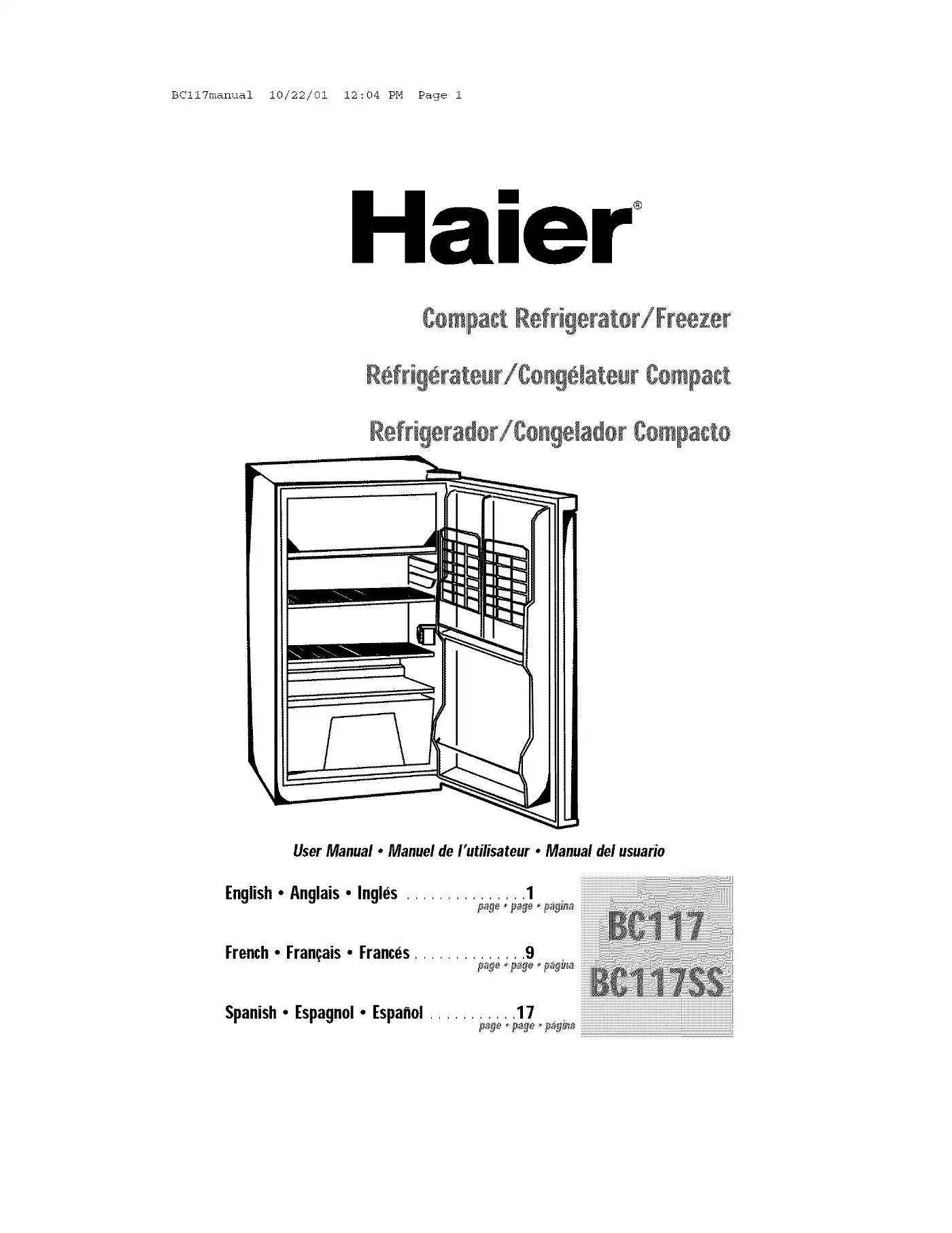 Haier BC117SS User Manual Manual pdf 1 page image