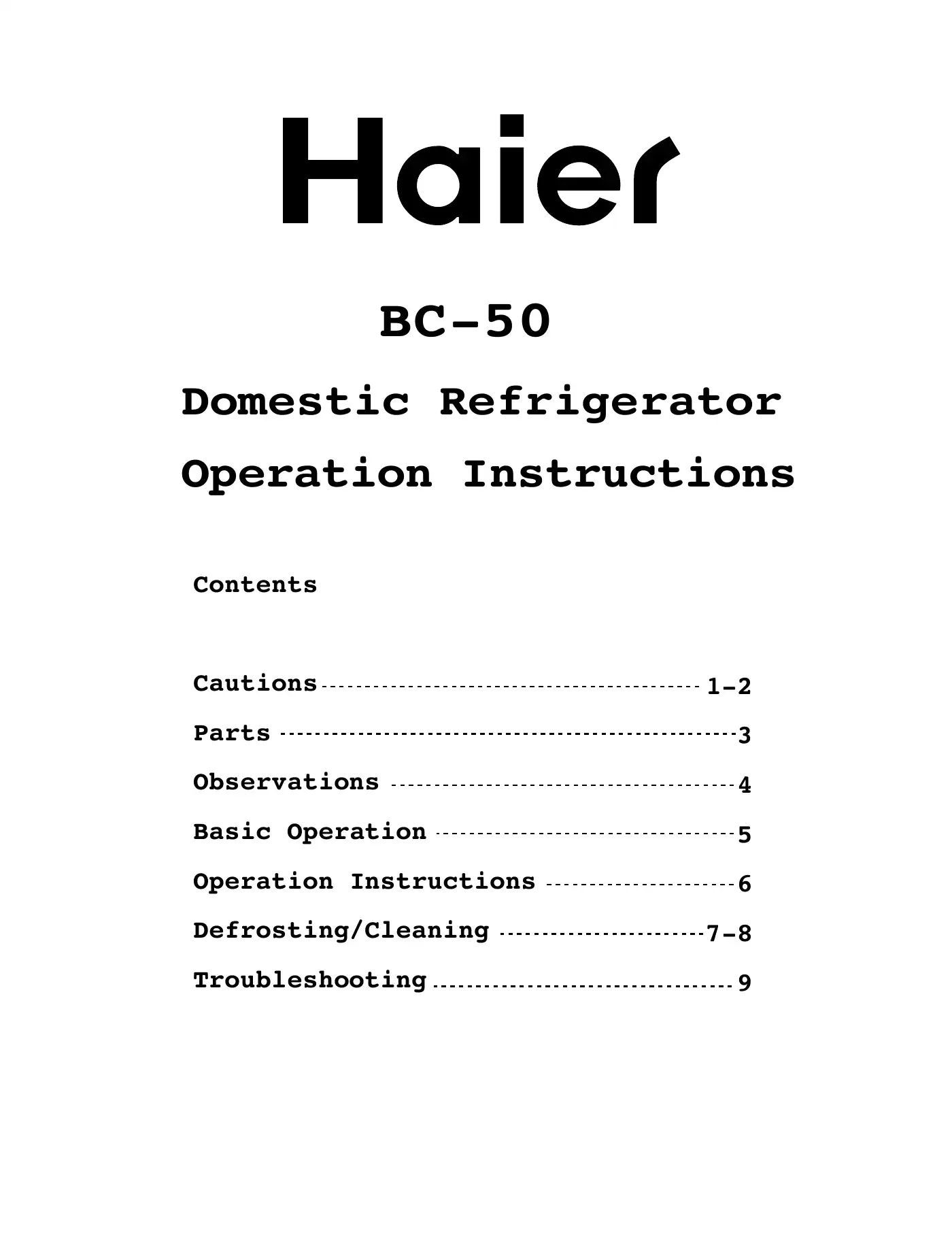Haier BC-50 Operation Instructions Manual Manual pdf 1 page image