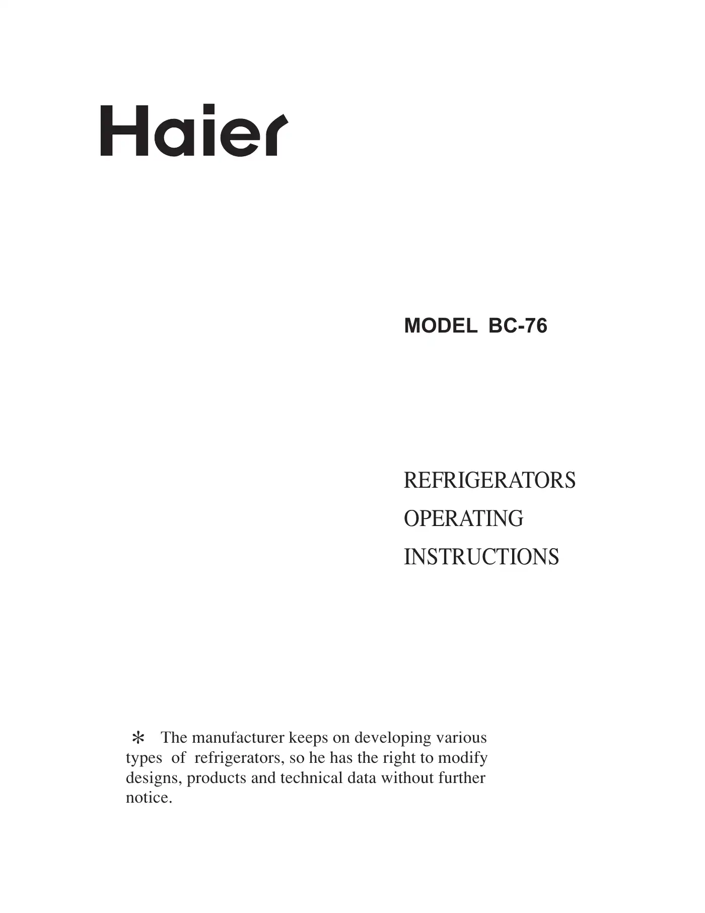 Haier BC-76 Operating Instructions Manual Manual pdf 1 page image