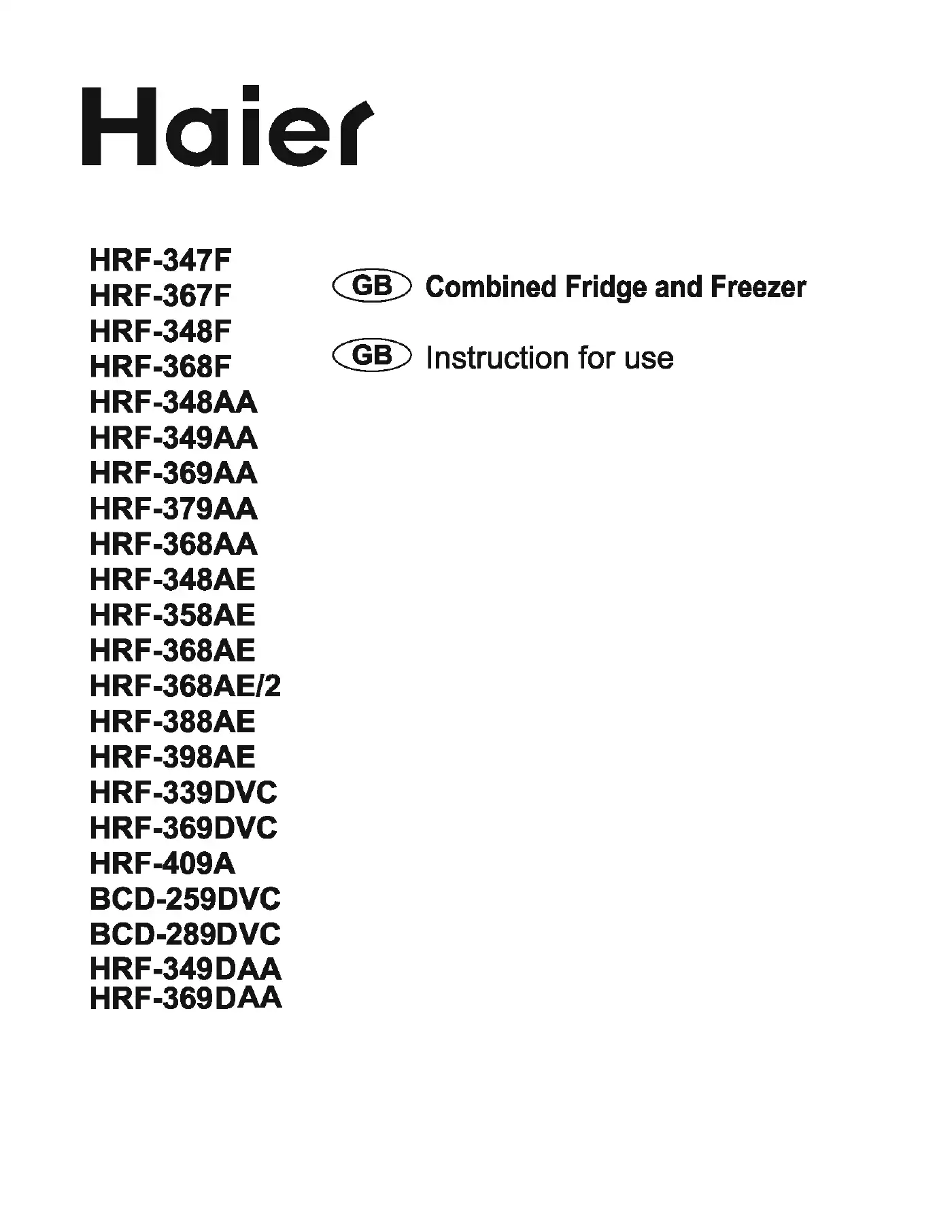 Haier HRF-347F Instructions For Use Manual Manual pdf 1 page image