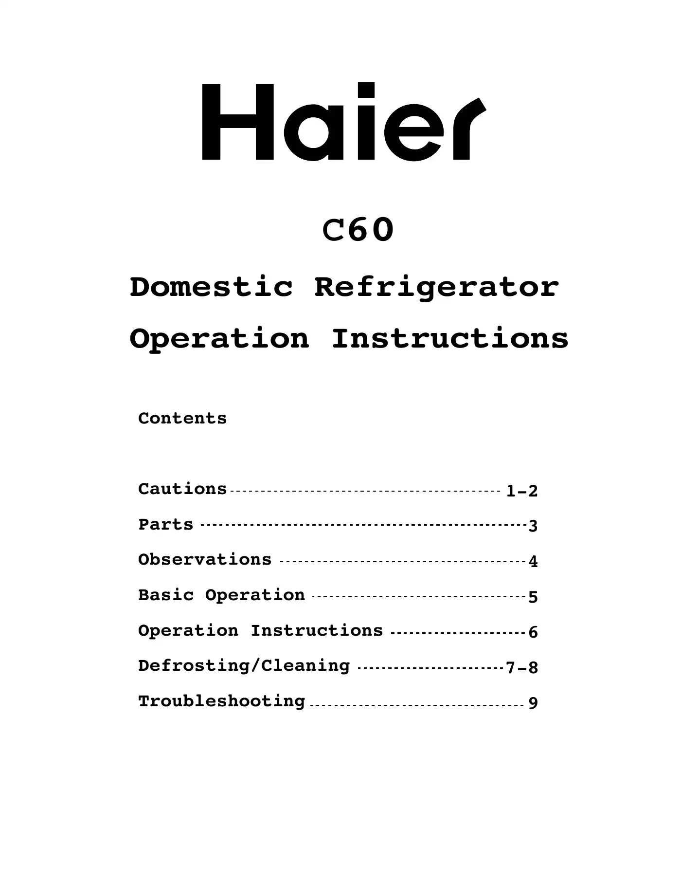Haier C60 Operation Instructions Manual Manual pdf 1 page image