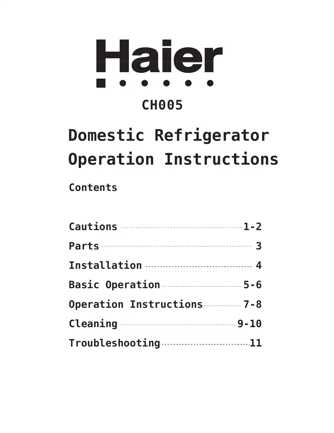 Haier CH005 Operation Instructions Manual Manual pdf 1 page image