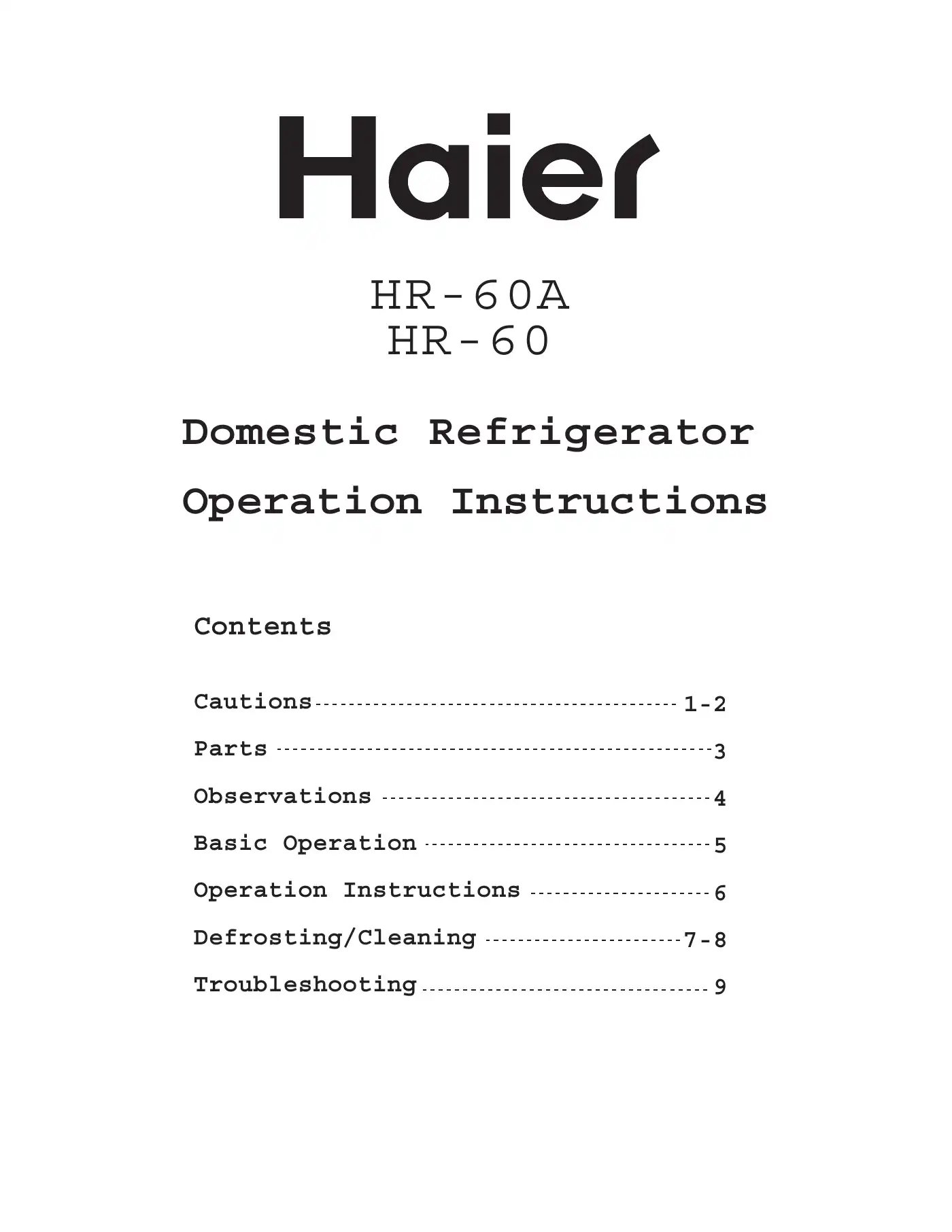 Haier HR-60A Operation Instructions Manual Manual pdf 1 page image