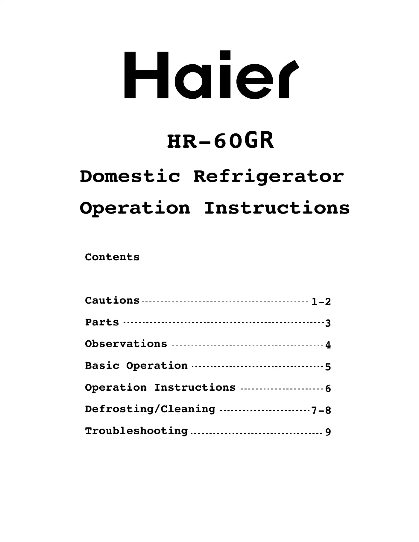 Haier CH013 Operation Instructions Manual Manual pdf 1 page image