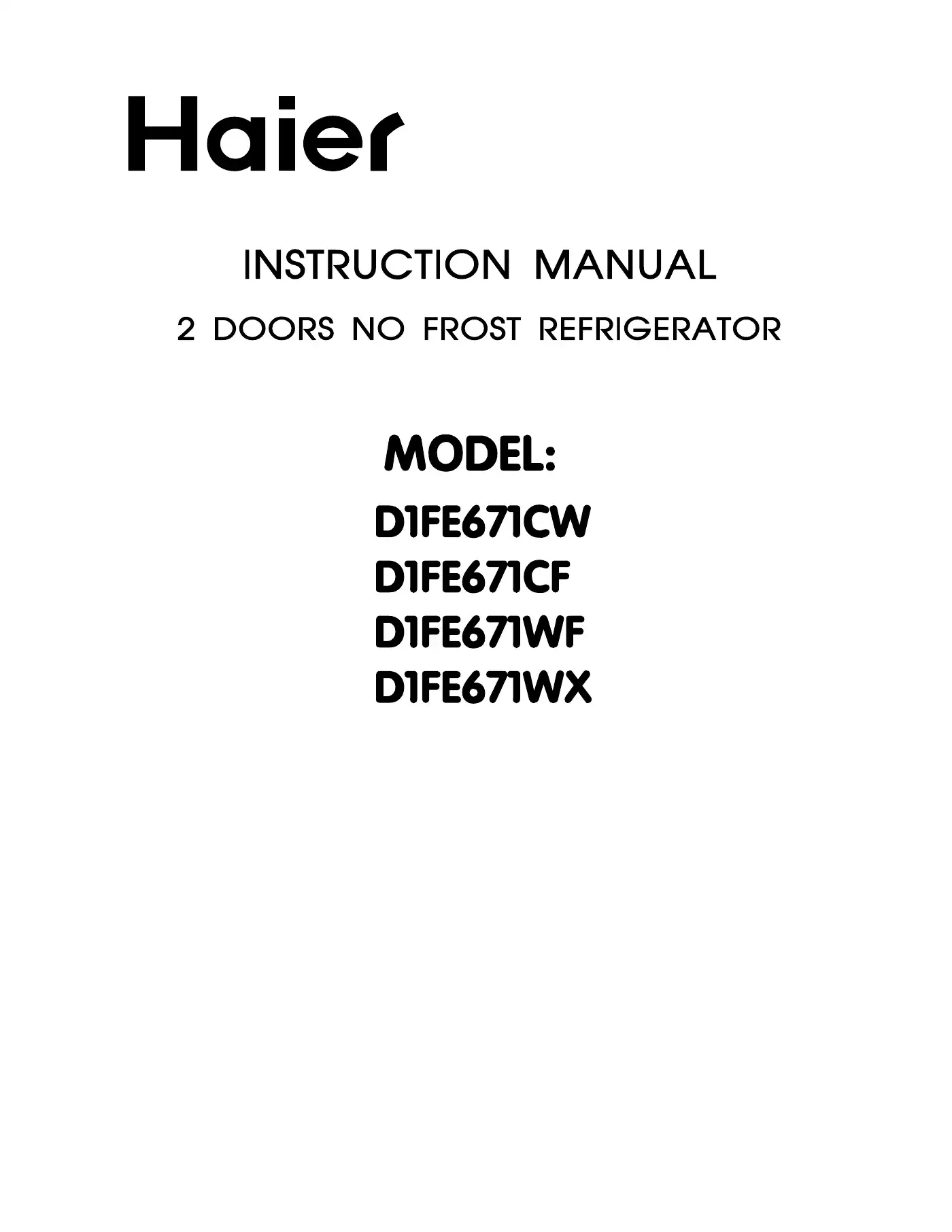 Haier D1FE671CW Instruction Manual Manual pdf 1 page image