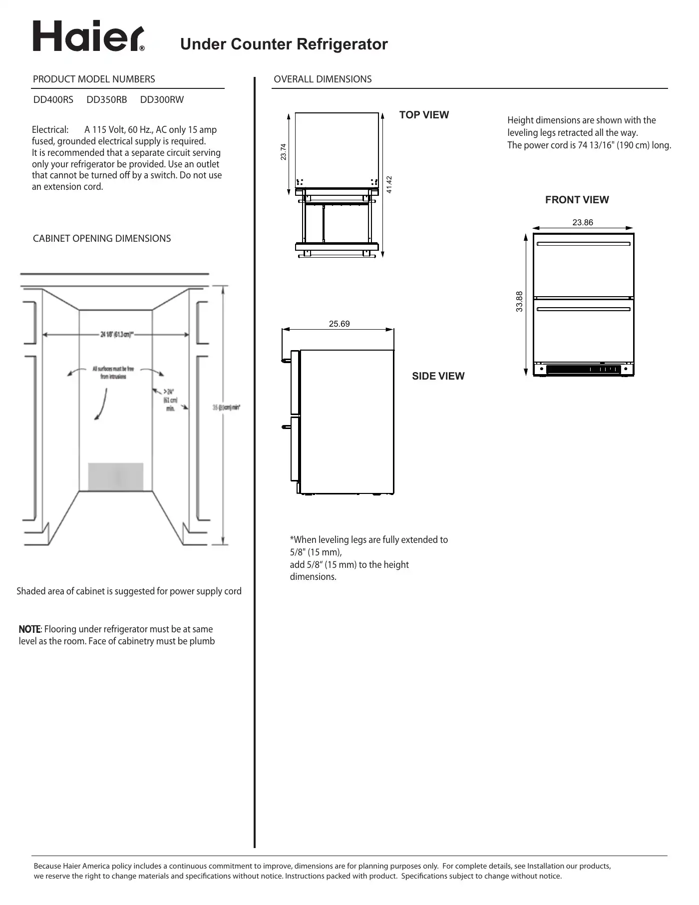 Haier DD400RS Product Dimensions Manual pdf 1 page image