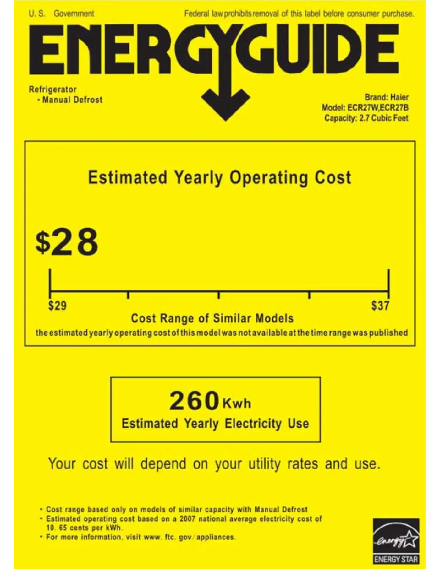 Haier ECR27W Energy Manual Manual pdf 1 page image