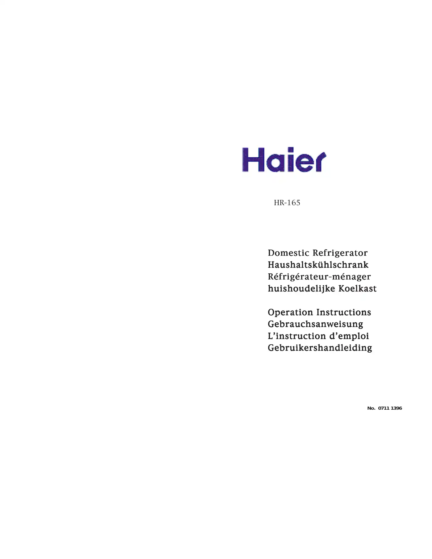 Haier HR-165 Operation Instructions Manual Manual pdf 1 page image