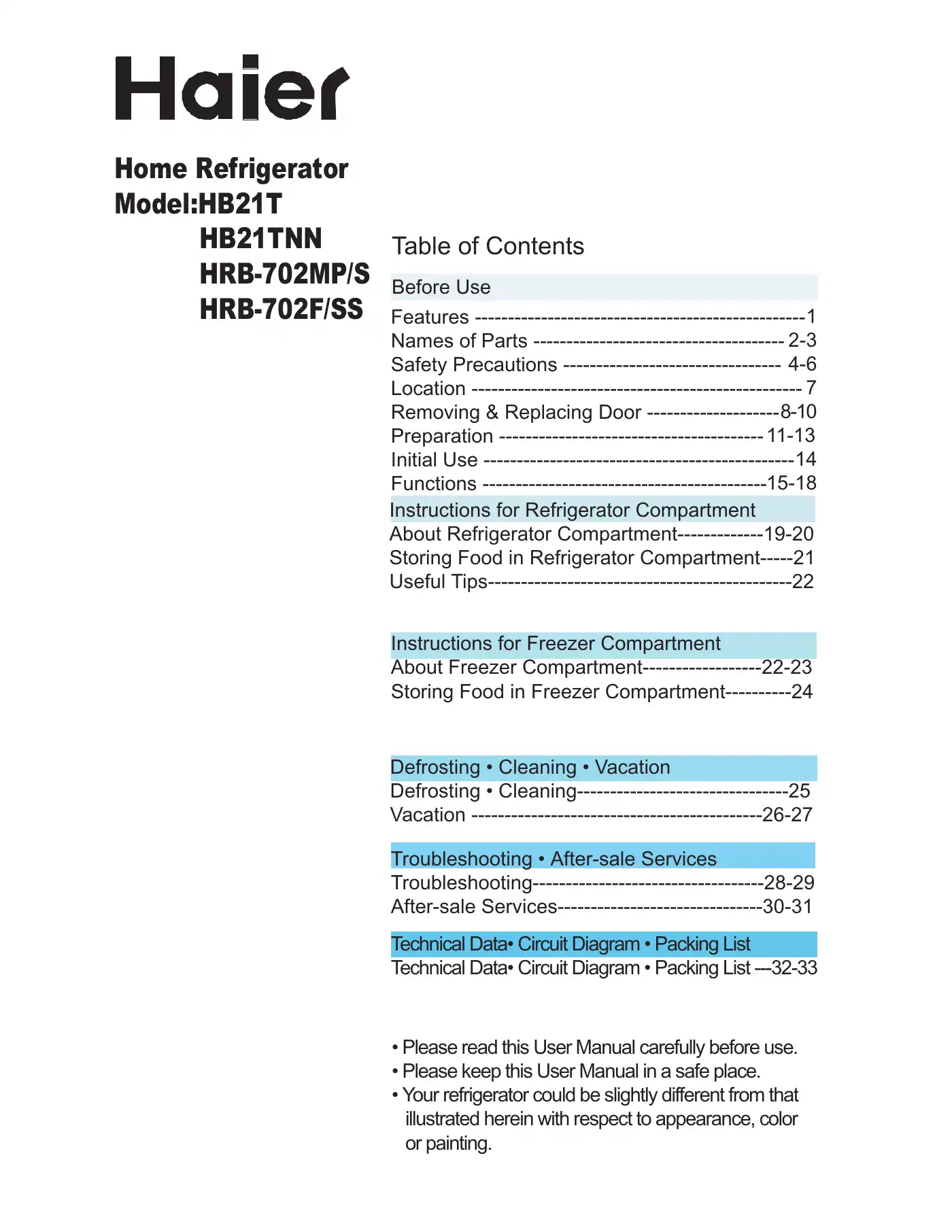 Haier HB21T User Manual Manual pdf 1 page image