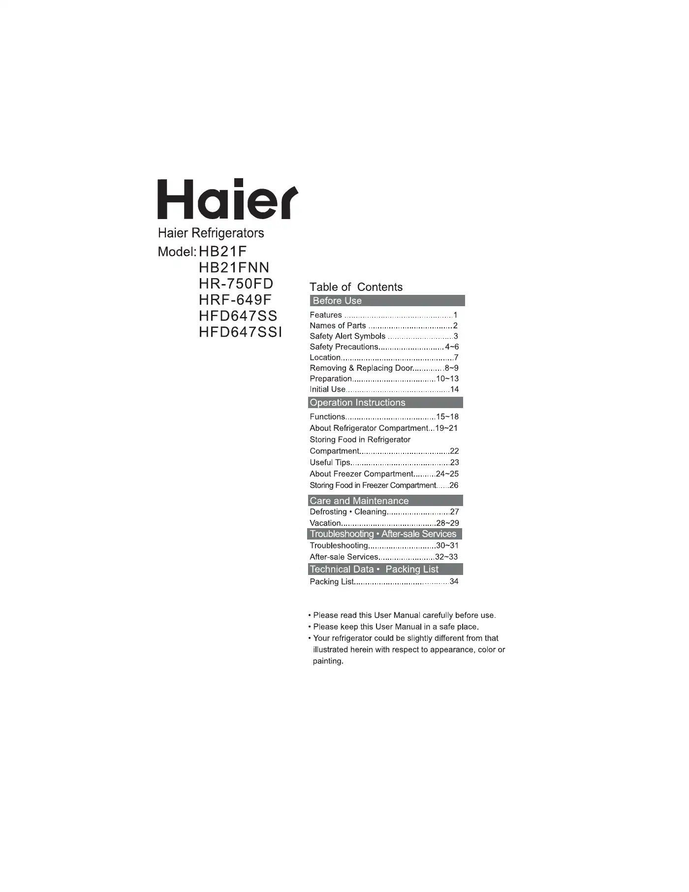 Haier HB21F User Manual Manual pdf 1 page image