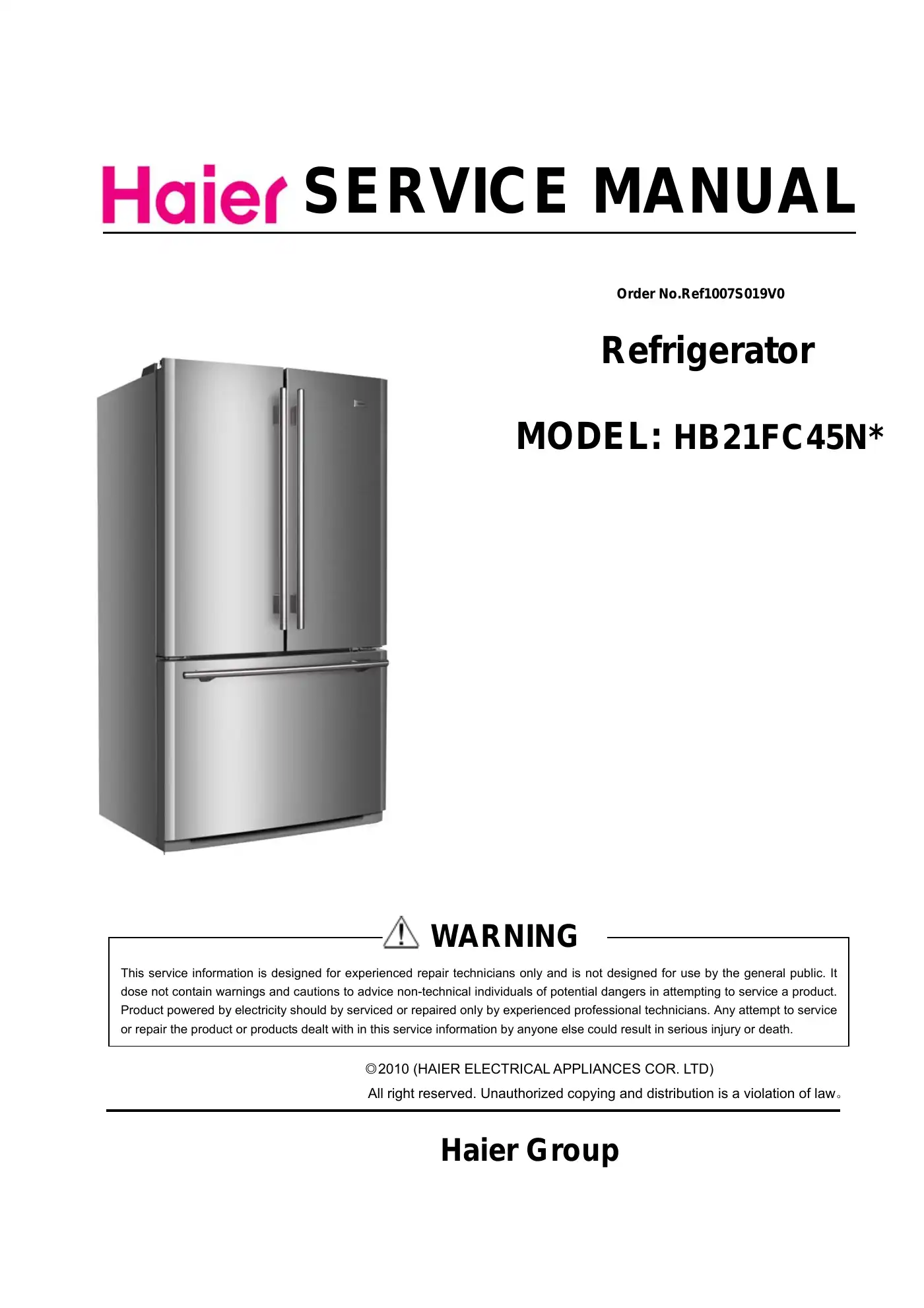 Haier HB21FC45N Series Service Manual Manual pdf 1 page image