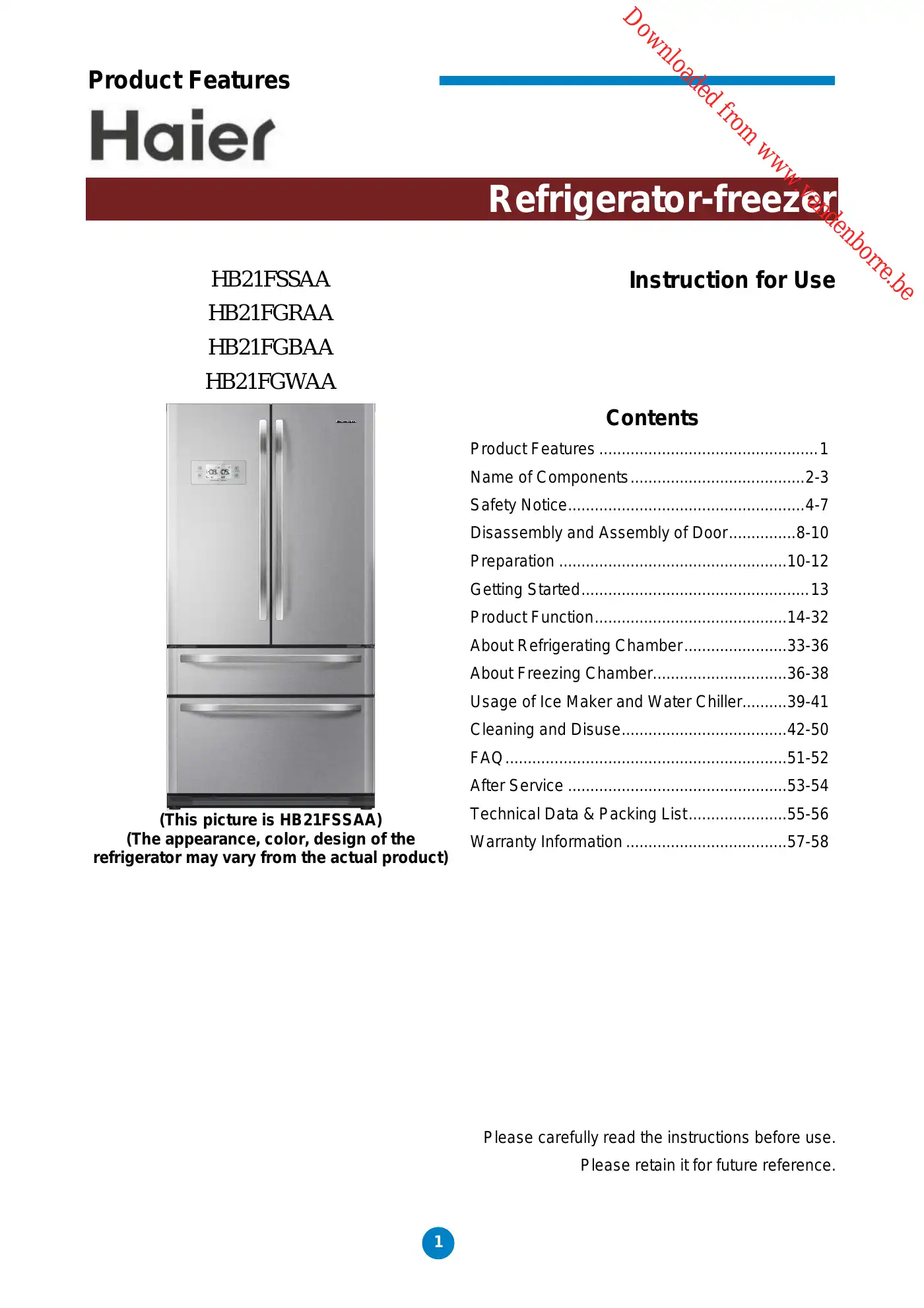 Haier HB21FSSAA Instructions For Use Manual Manual pdf 1 page image