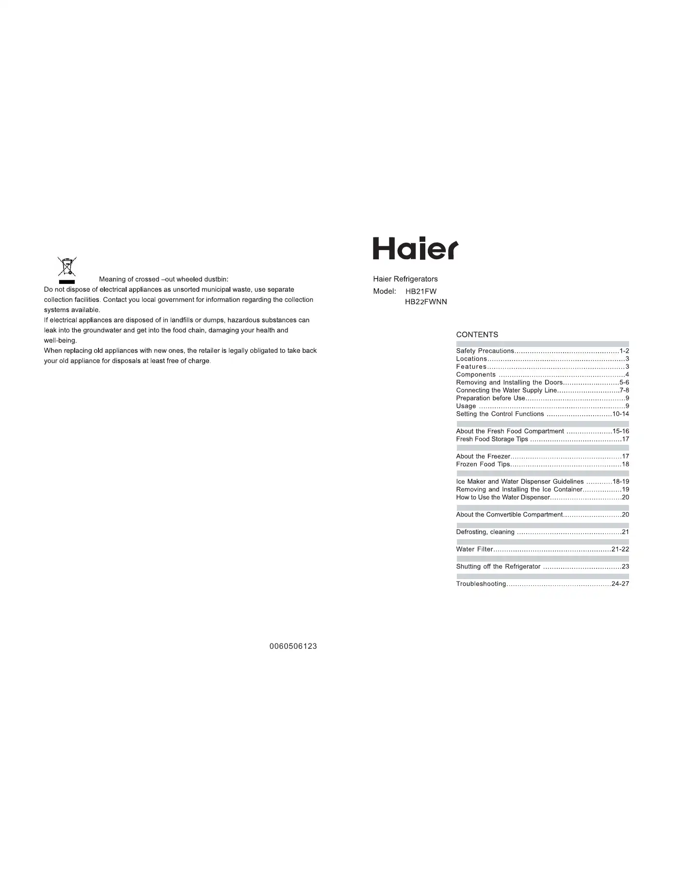 Haier HB22FWNN User Manual Manual pdf 1 page image