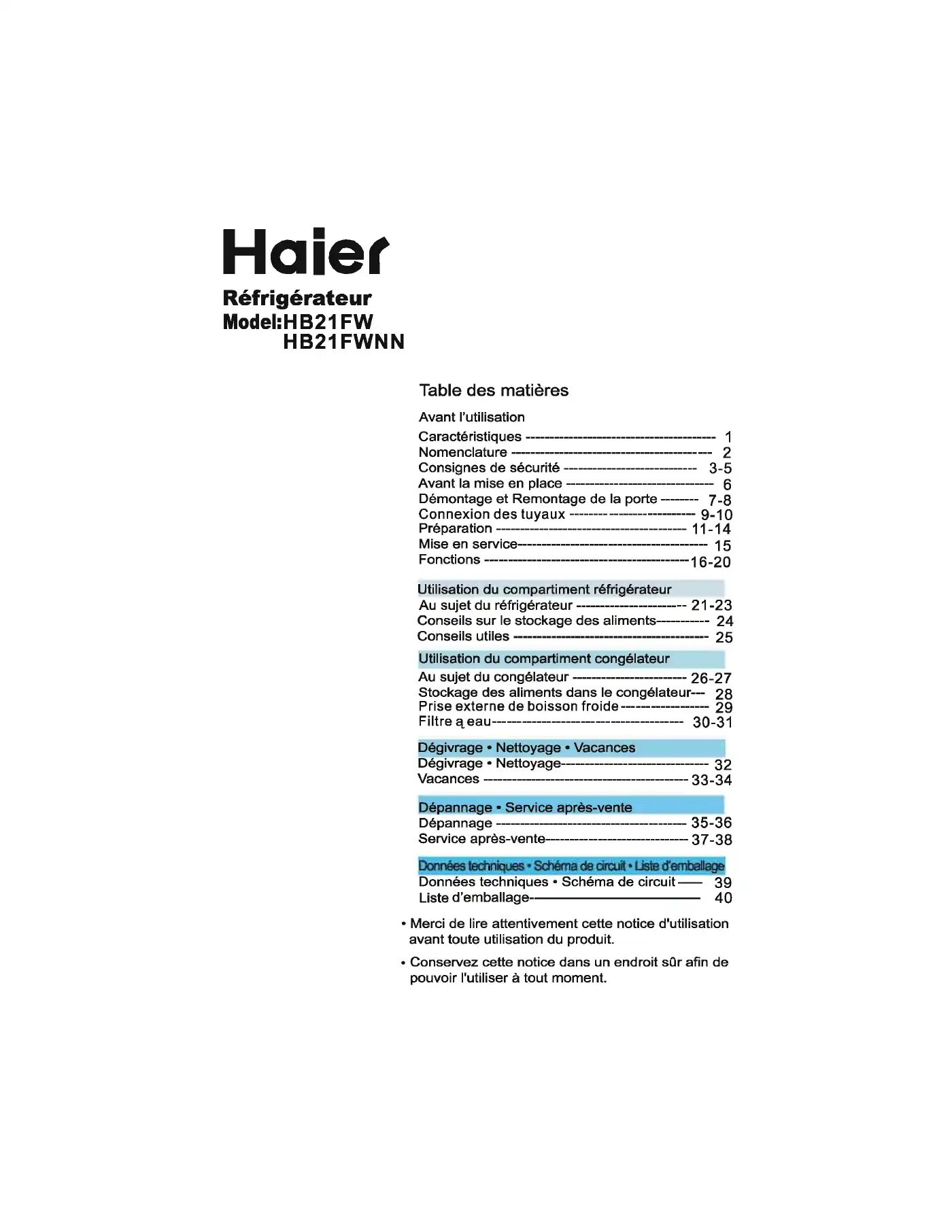 Haier HB21FW Manuel Utilisateur Manual pdf 1 page image