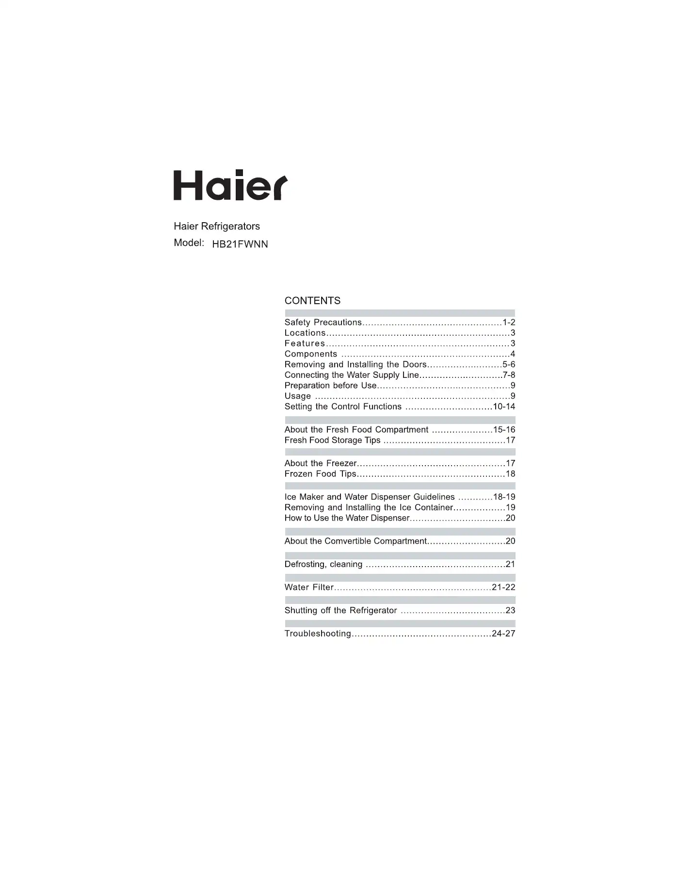 Haier HB21FWNN User Manual Manual pdf 1 page image