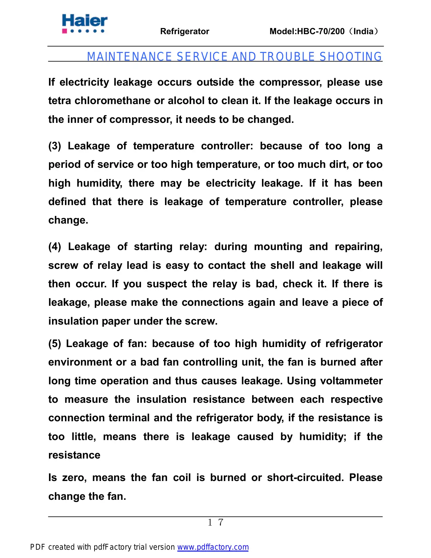 Haier HBC-200 Service Manual Manual pdf 18 page image