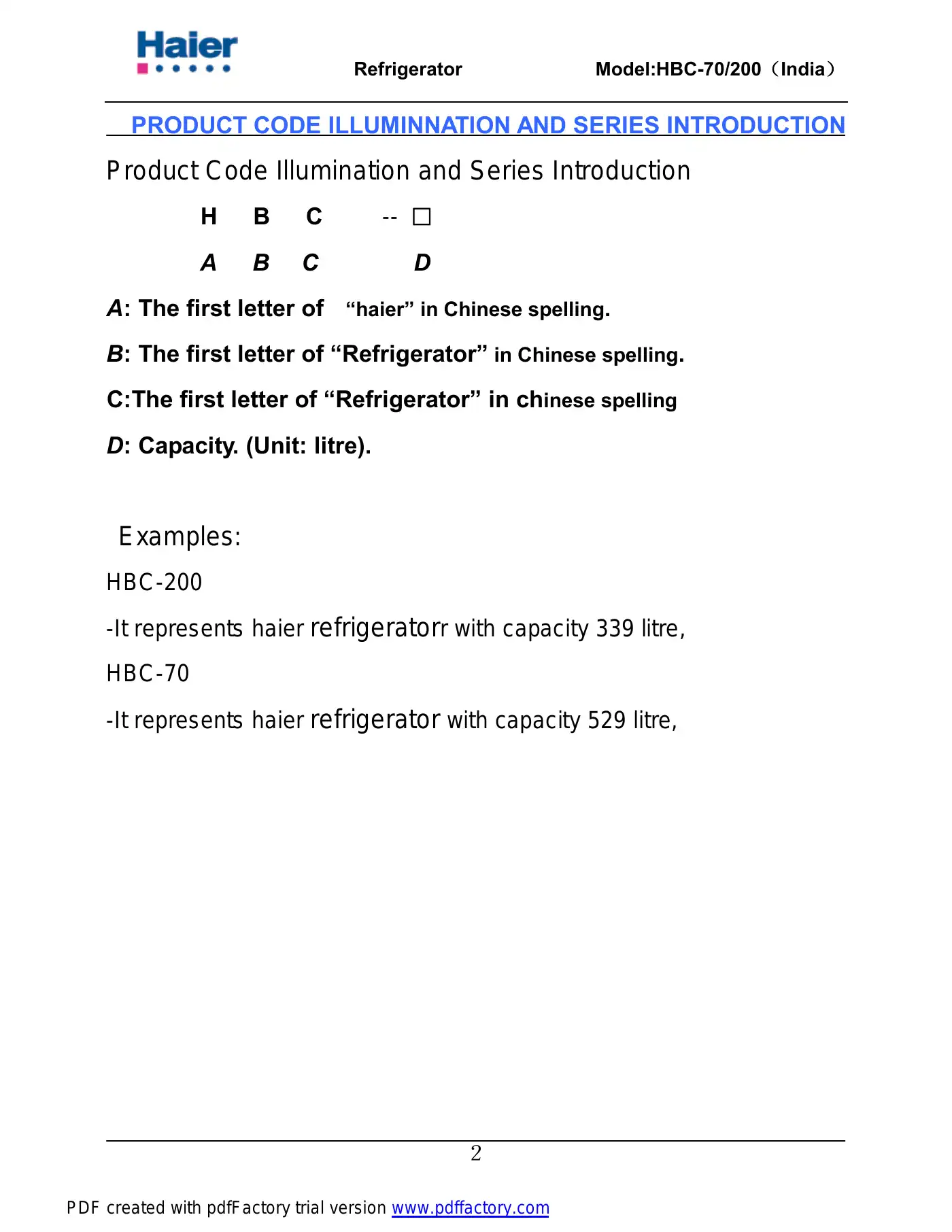 Haier HBC-200 Service Manual Manual pdf 3 page image