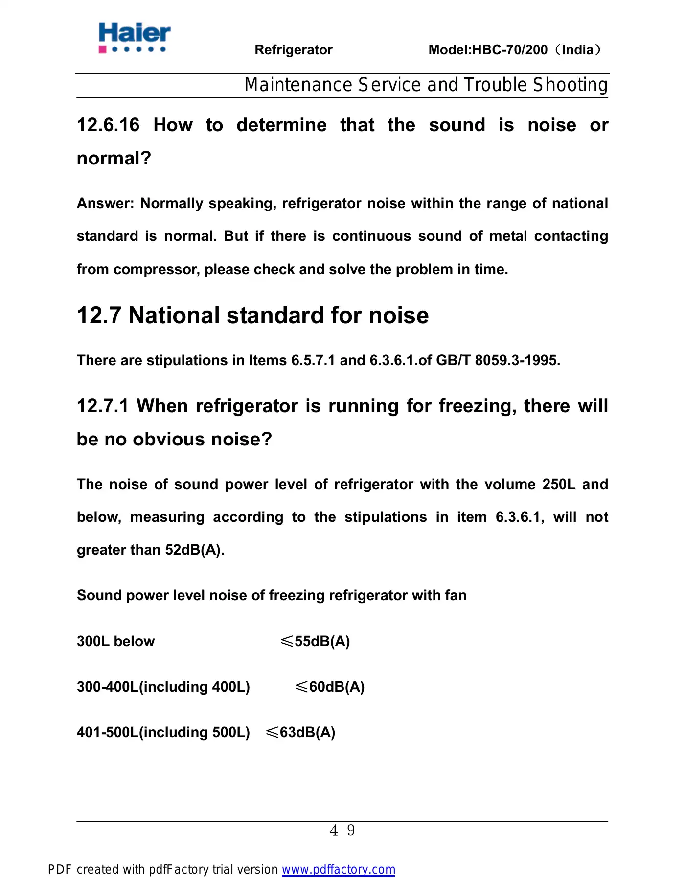 Haier HBC-200 Service Manual Manual pdf 50 page image