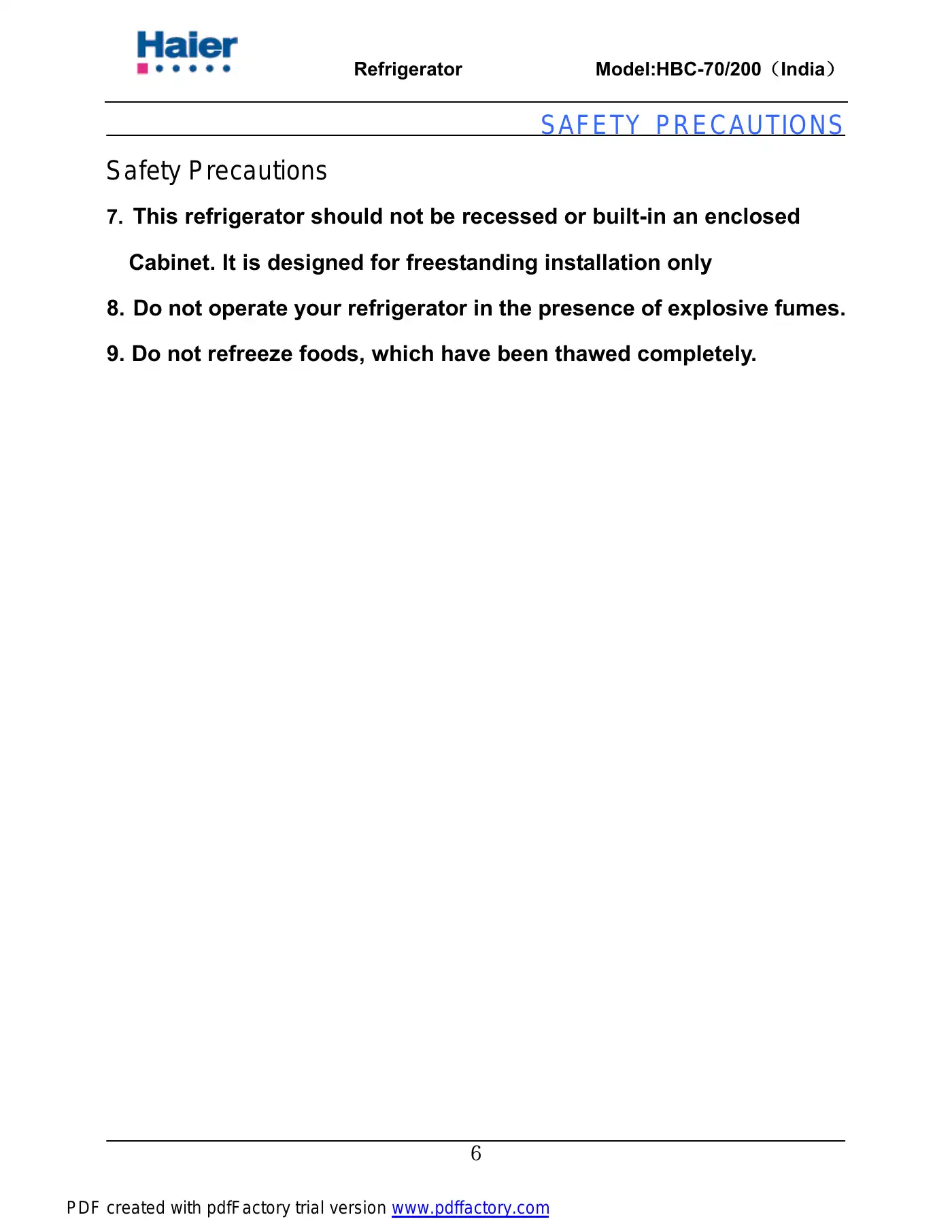 Haier HBC-200 Service Manual Manual pdf 7 page image