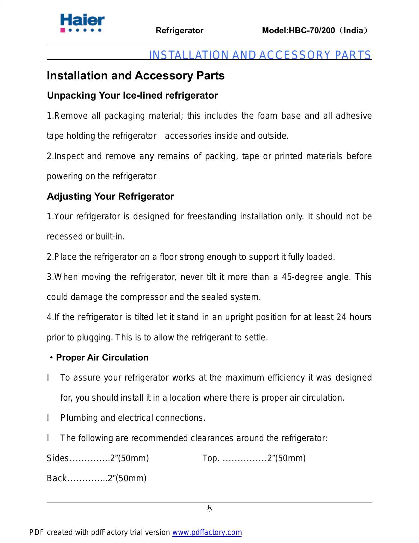 Haier HBC-200 Service Manual Manual pdf 9 page image