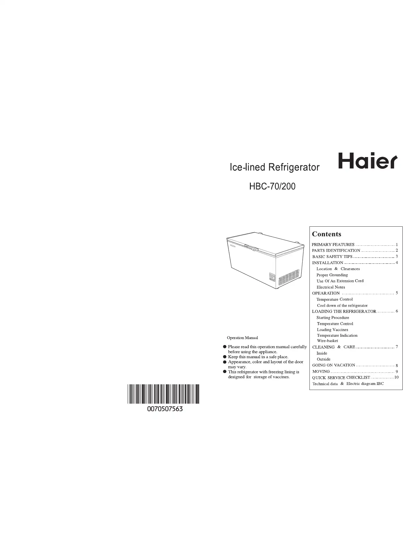 Haier HBC-70 Operation Manual Manual pdf 1 page image