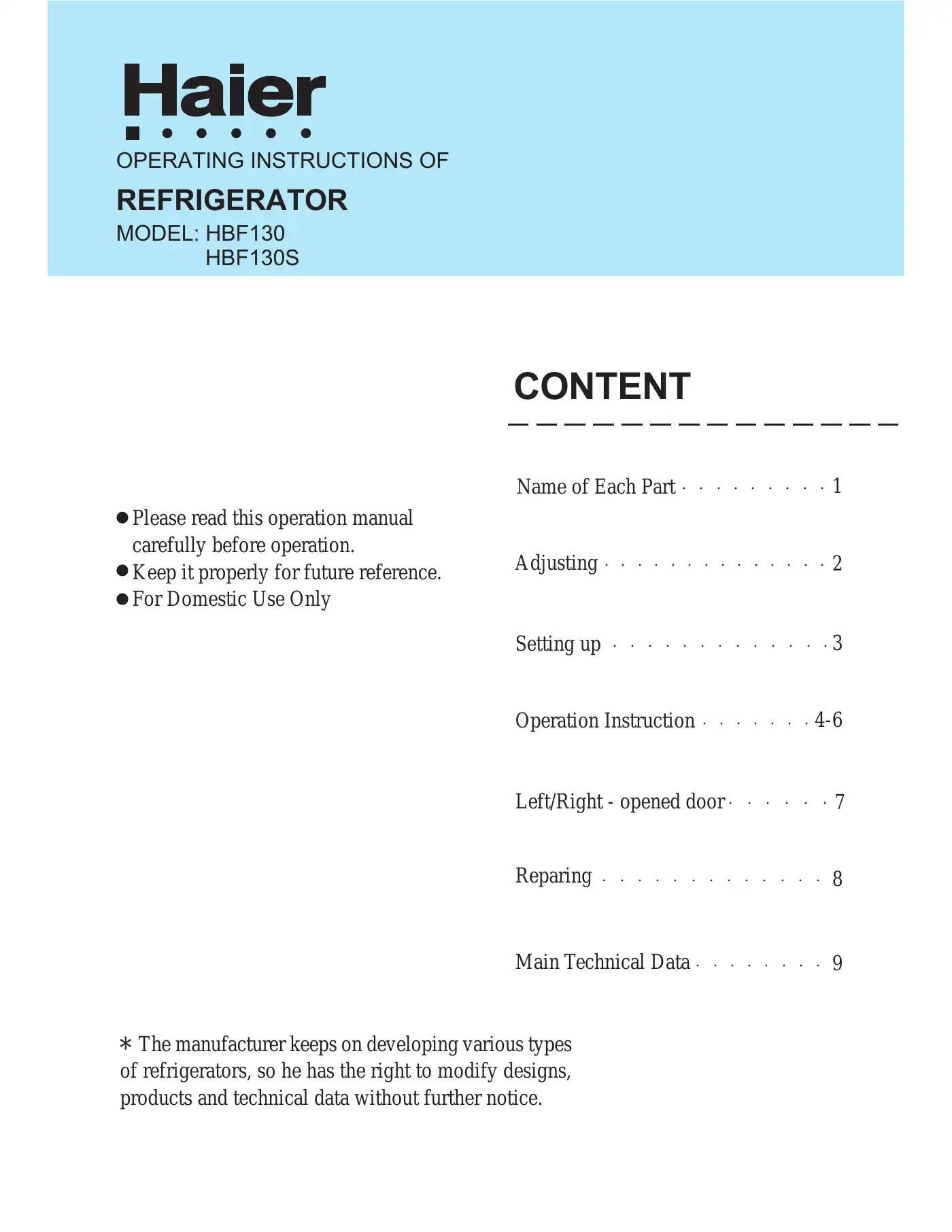 Haier HBF130 Operating Instructions Manual Manual pdf 1 page image
