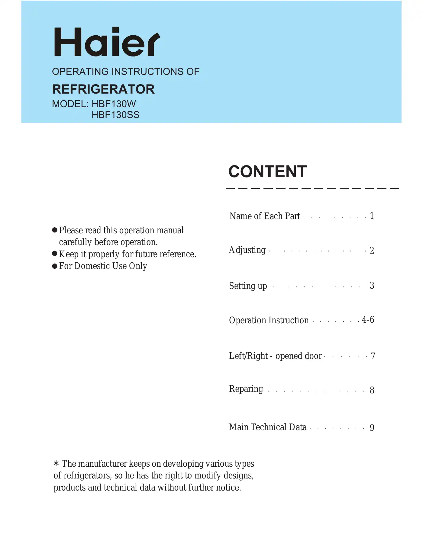 Haier HBF130SS Operating Instructions Manual Manual pdf 1 page image