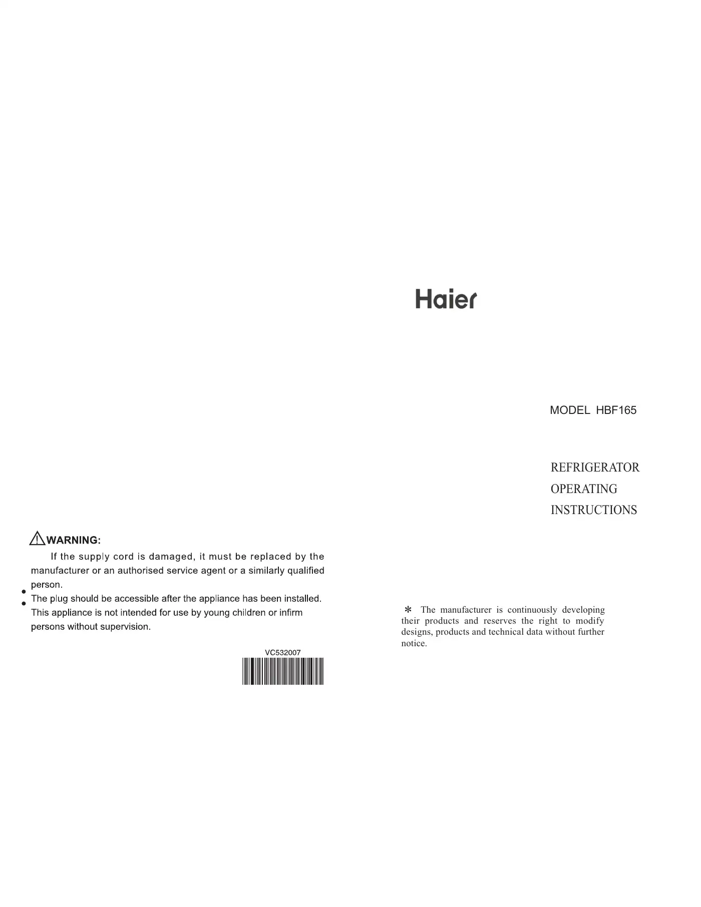 Haier HBF165 Operating Instructions Manual Manual pdf 1 page image