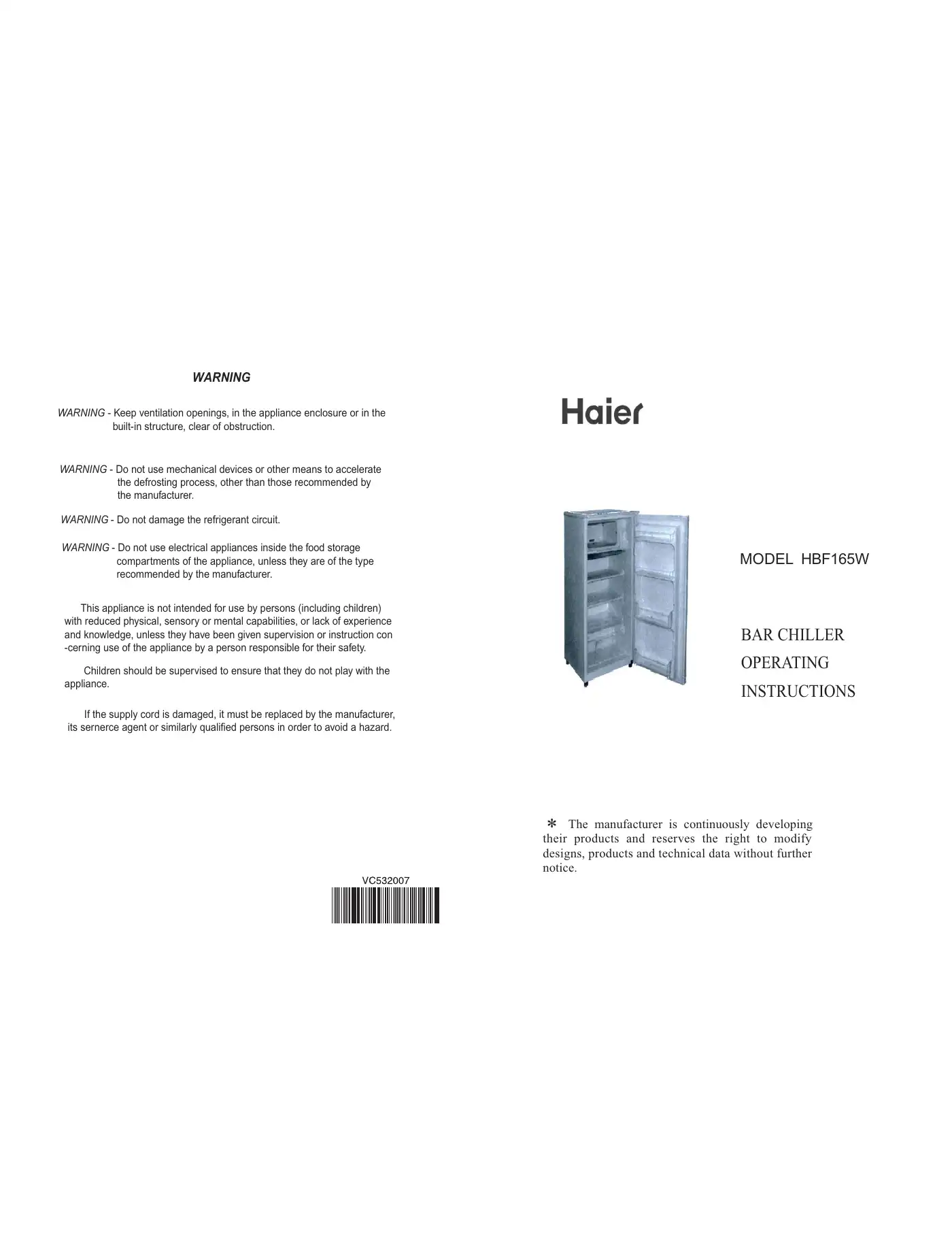 Haier HBF165W Operating Instructions Manual Manual pdf 1 page image