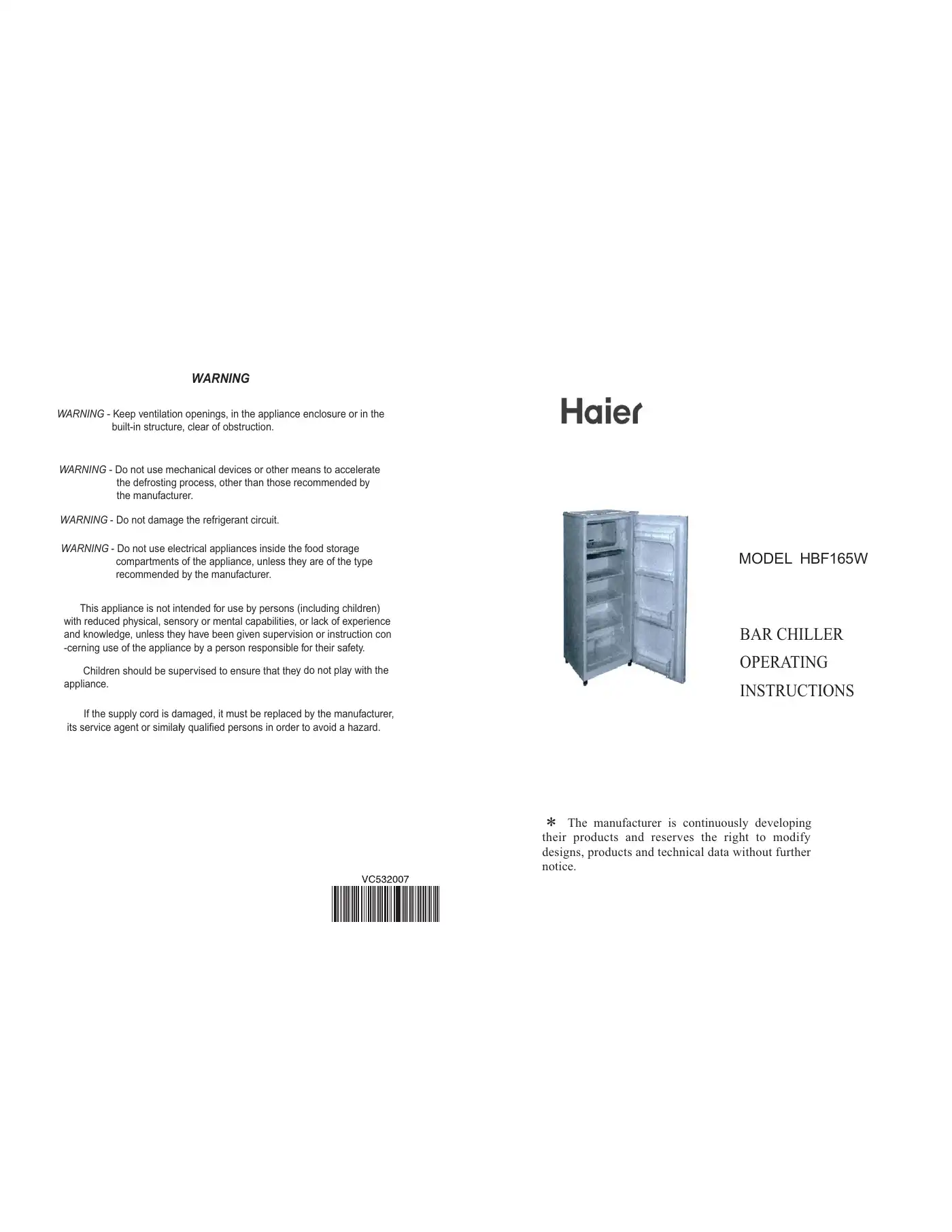 Haier HBF165W Operating Instructions Manual Manual pdf 1 page image