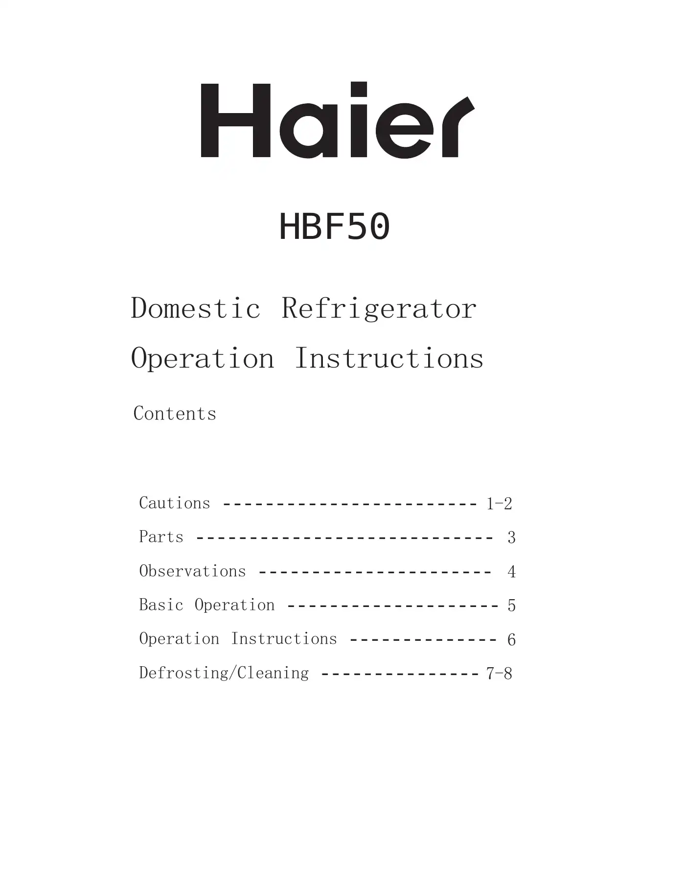 Haier HBF50 Operation Instructions Manual Manual pdf 1 page image