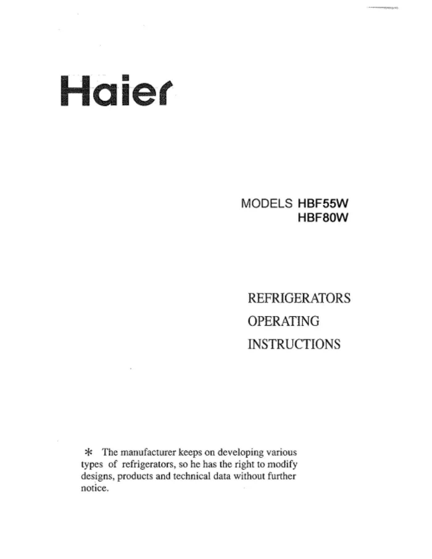 Haier HBF55W Operating Instructions Manual Manual pdf 1 page image