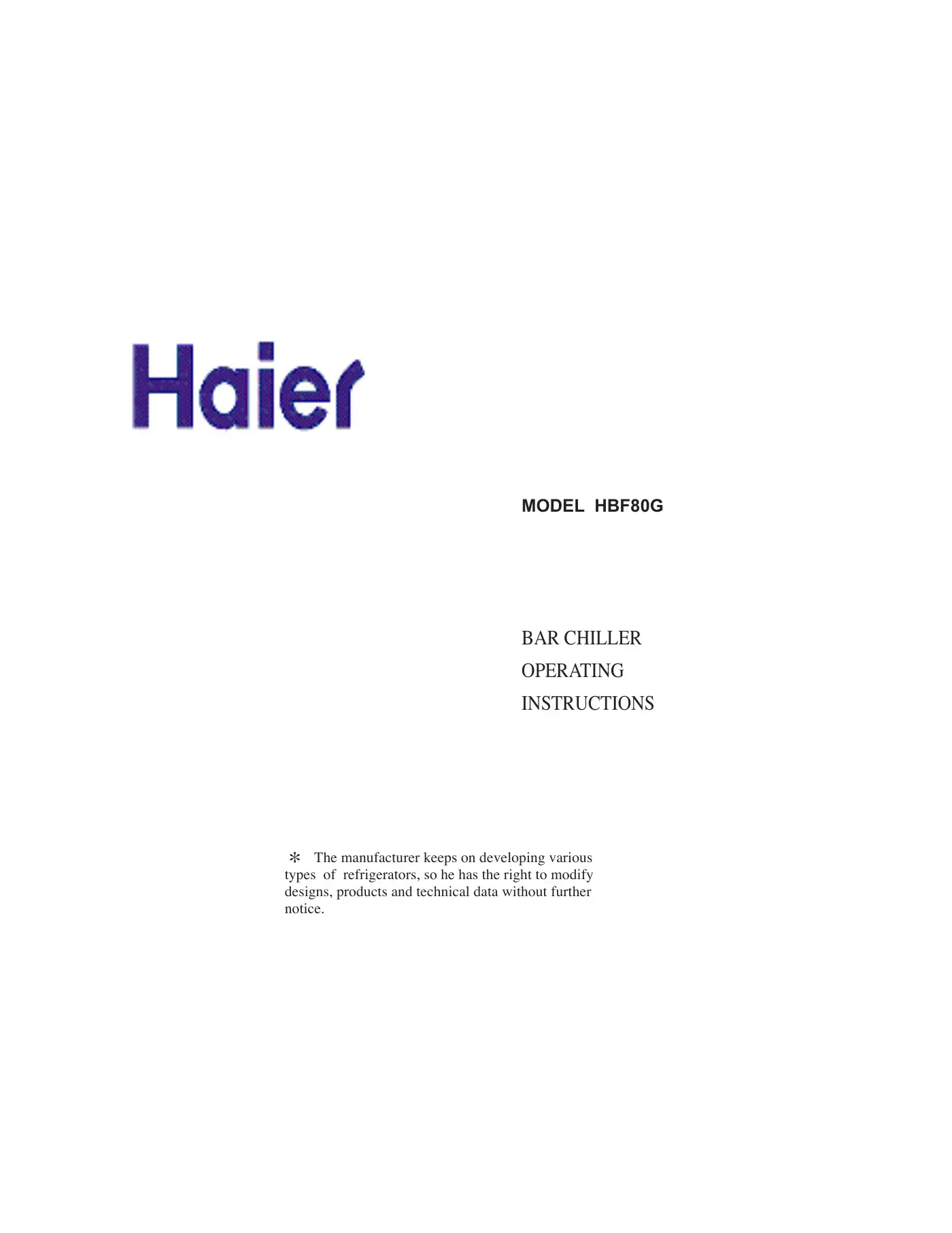 Haier HBF80G Operating Instructions Manual Manual pdf 1 page image